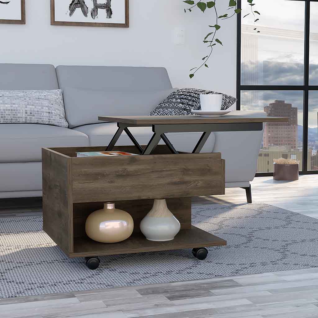 Lifttop coffee table with rustic wood finish and hidden storage for living rooms