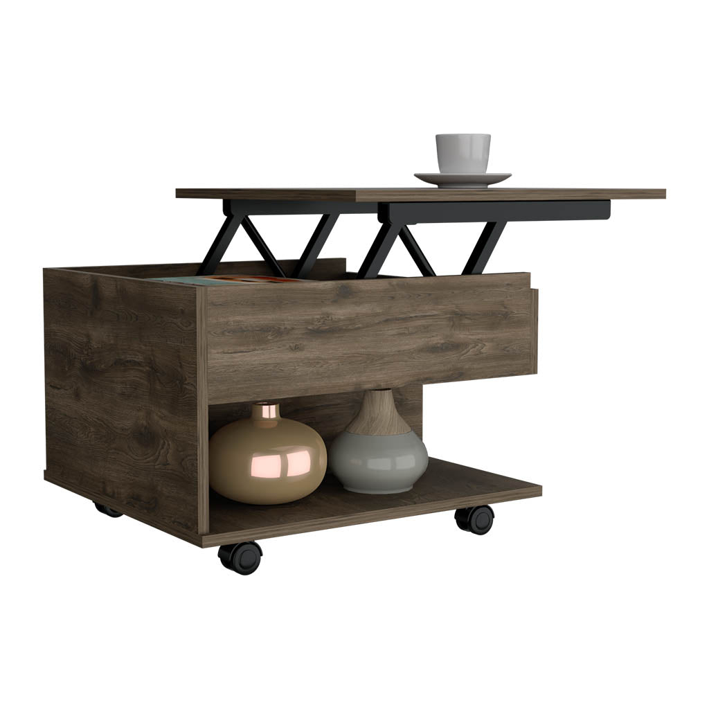 Modern lift top coffee table with hidden storage and oak finish