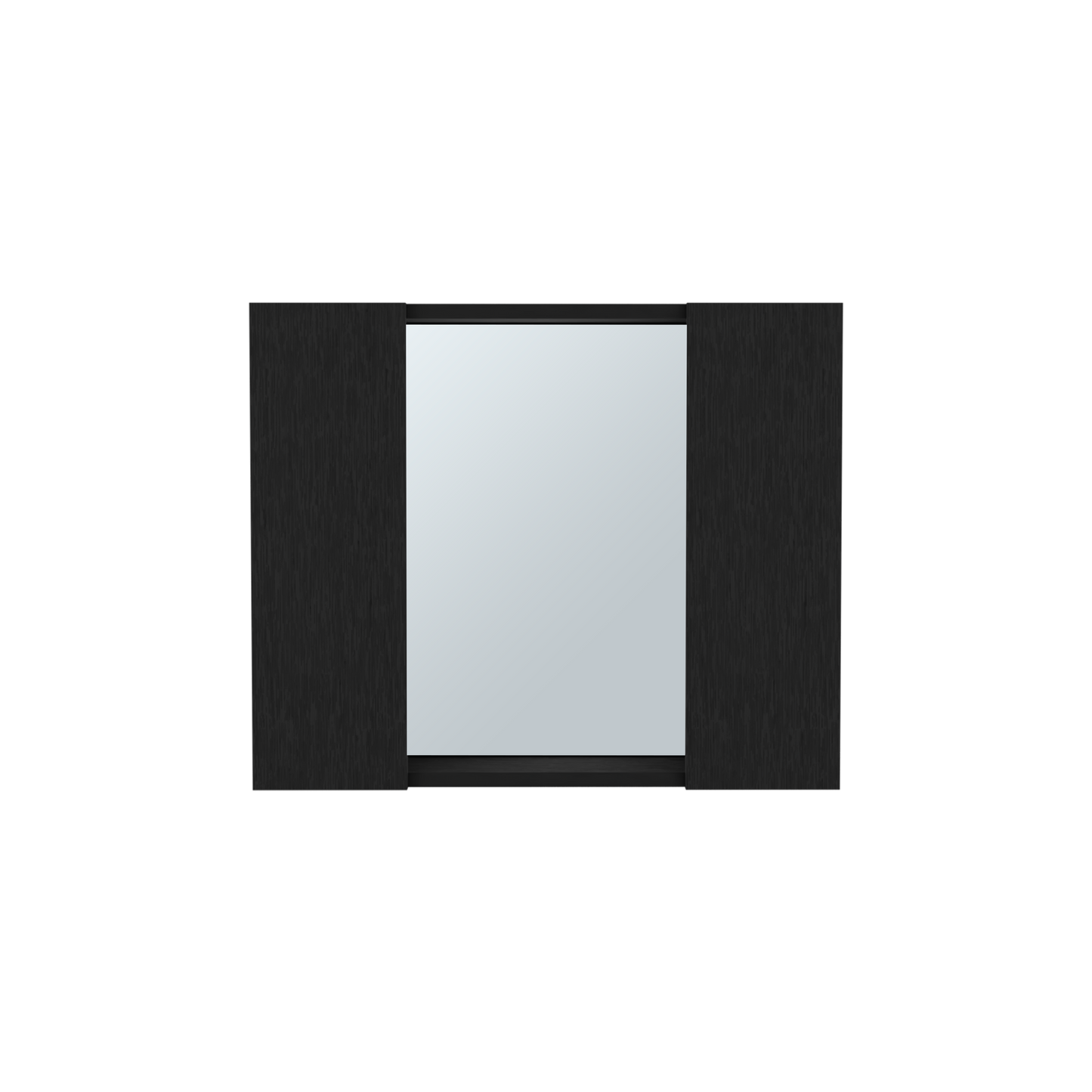 Modern frameless bathroom mirror with dark wood grain border and reflective surface