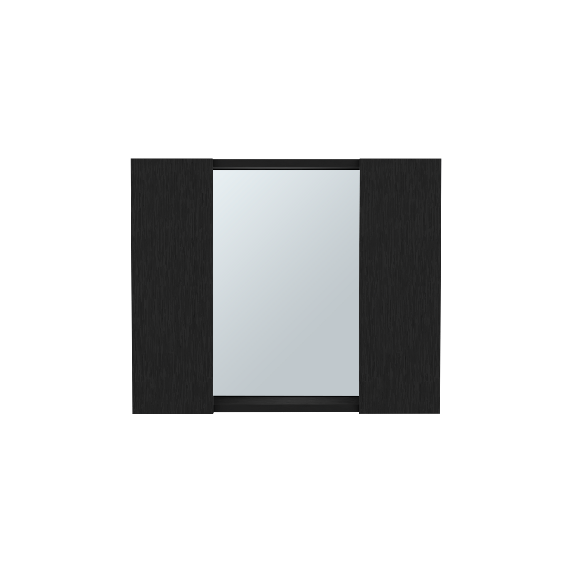 Modern frameless bathroom mirror with dark wood grain border and reflective surface