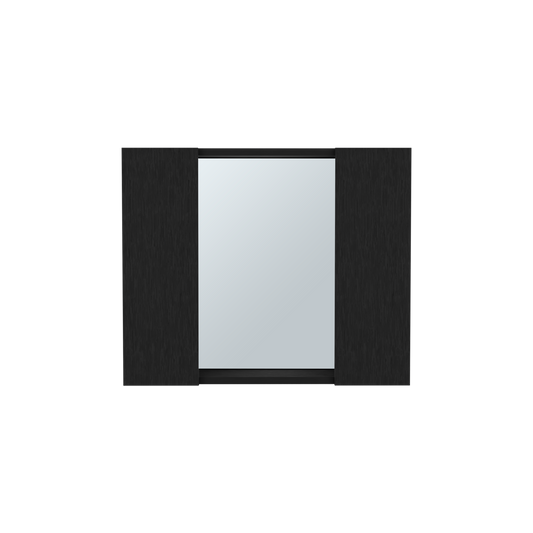 Modern frameless bathroom mirror with dark wood grain border and reflective surface