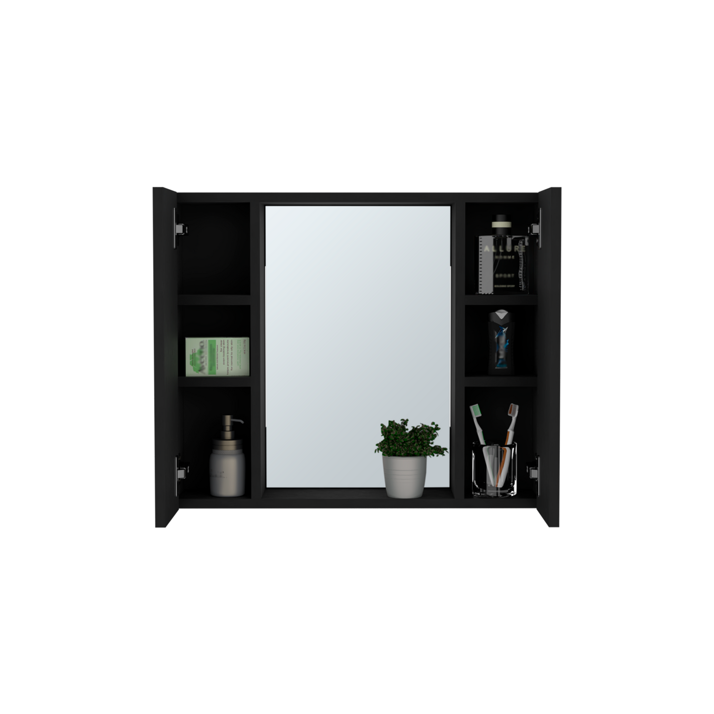 Modern black medicine cabinet with mirrored door and side shelves for storage