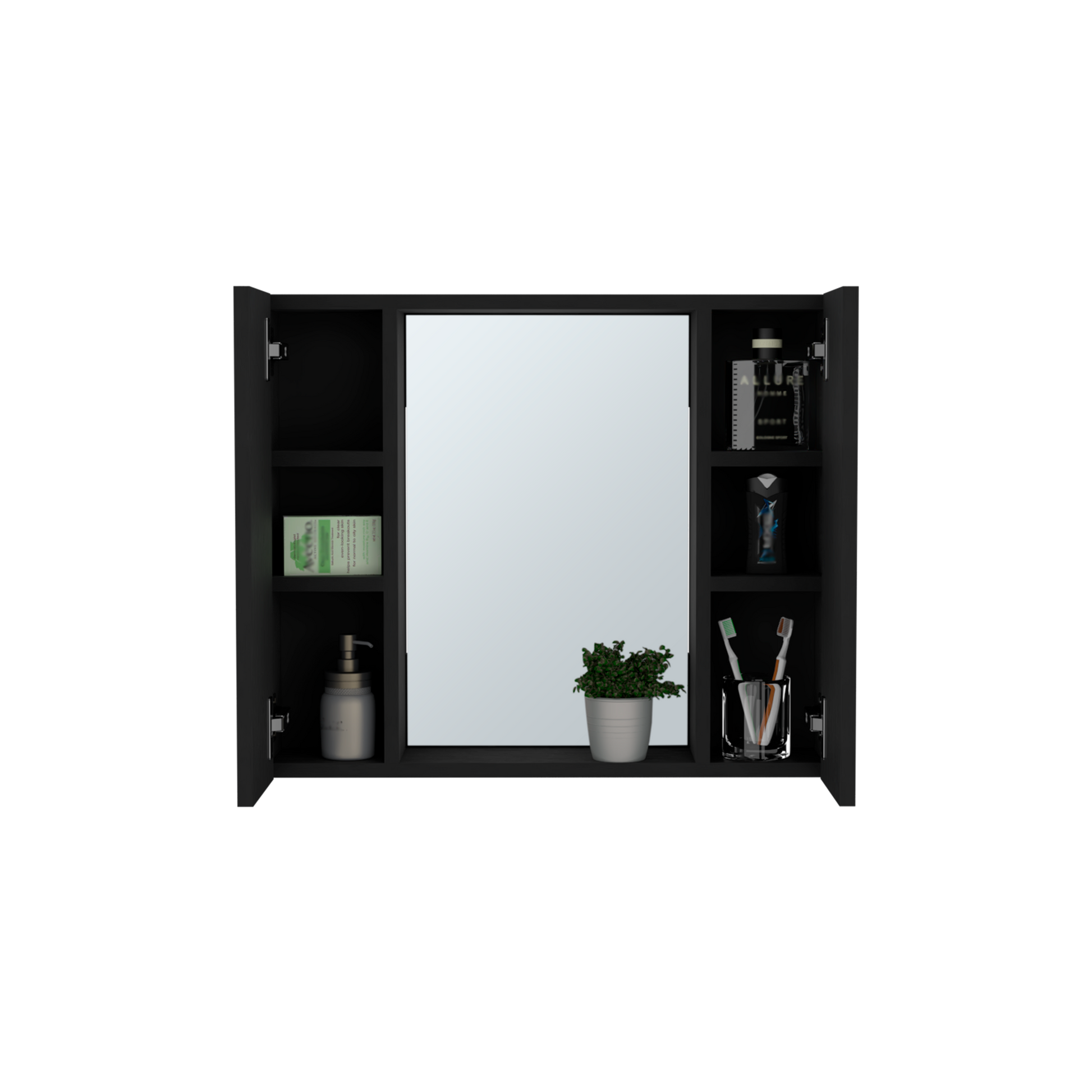 Modern black medicine cabinet with mirrored door and side shelves for storage
