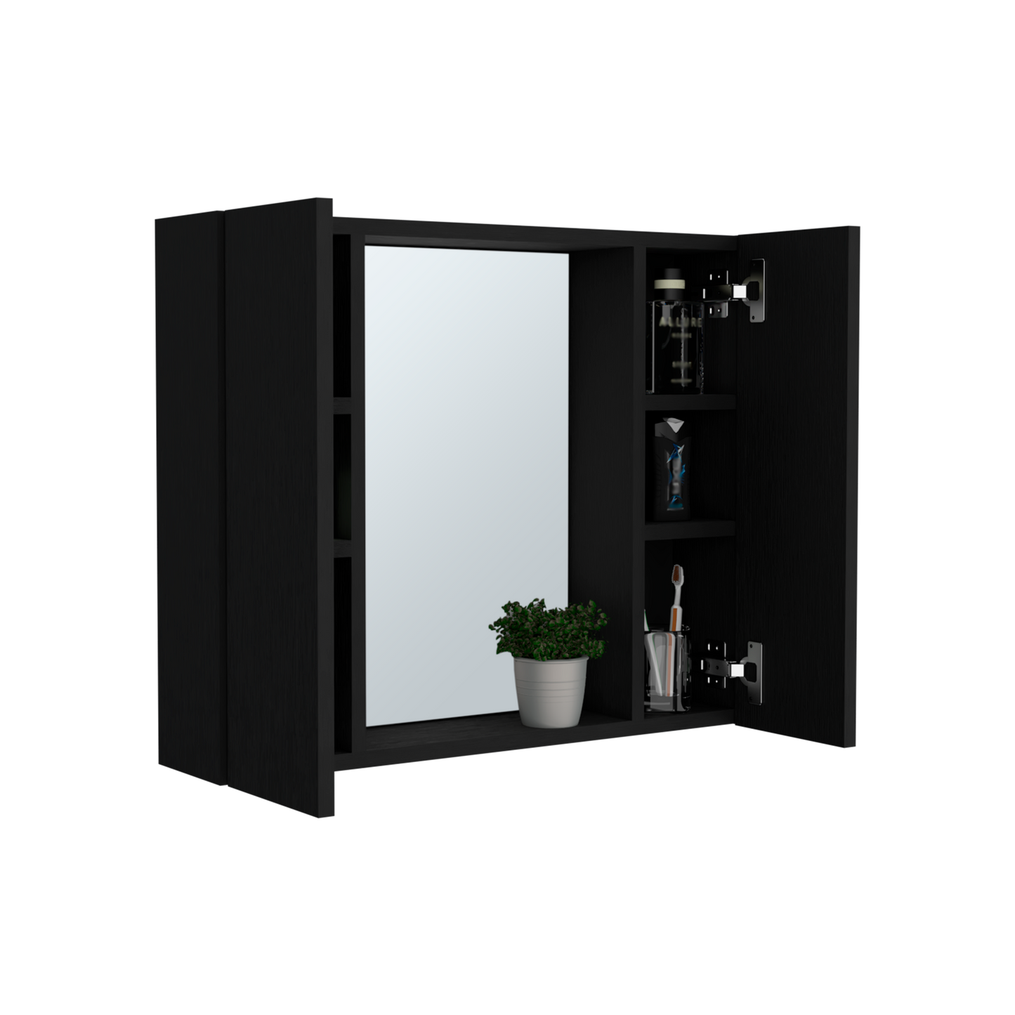 Black modern medicine cabinet with mirrored door and internal shelving for toiletries