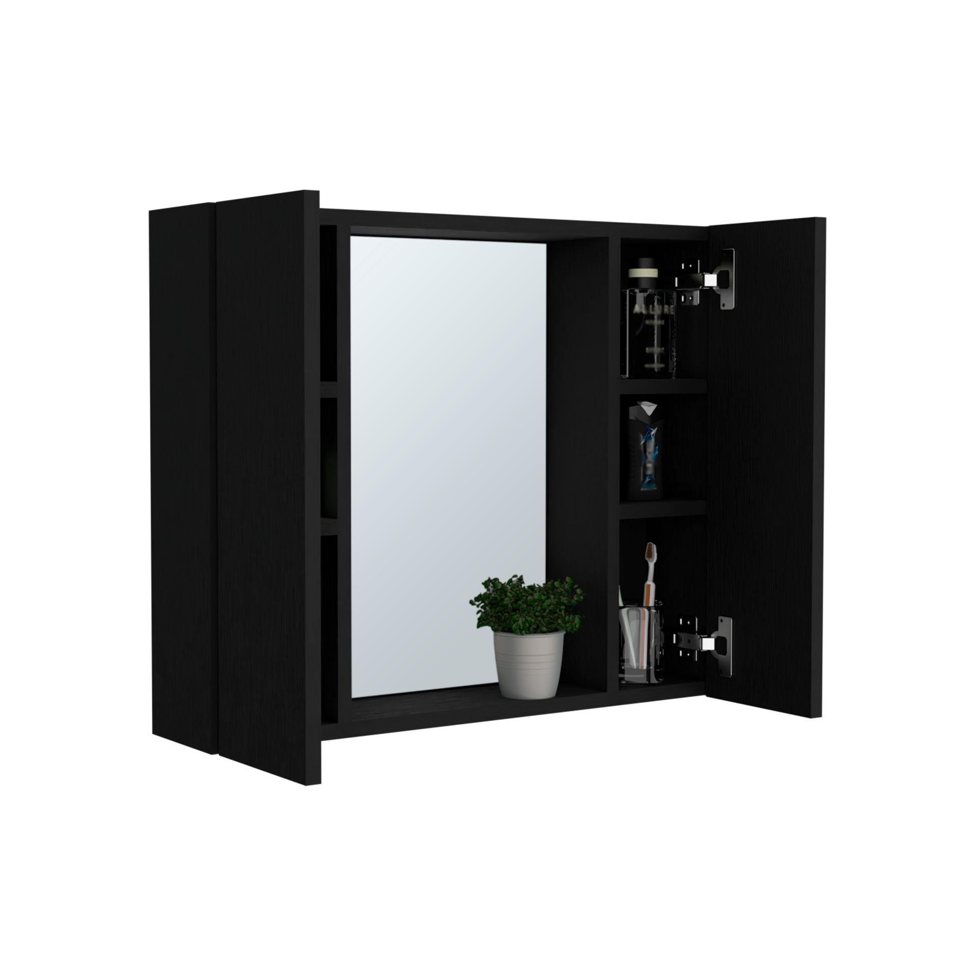 Black modern medicine cabinet with mirrored door and internal shelving for toiletries