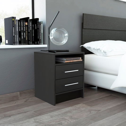Black modern nightstand with two drawers and a shelf next to a bed