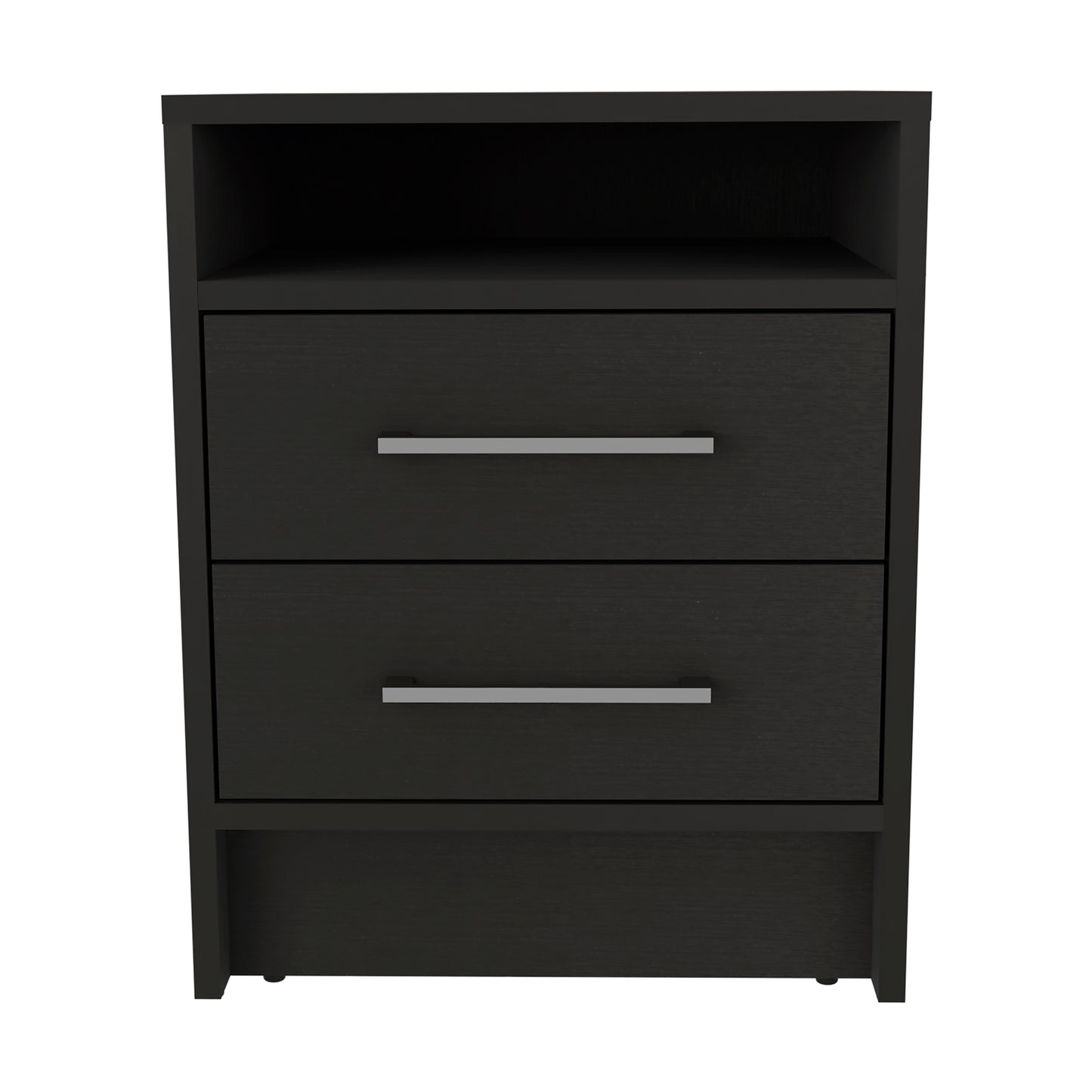 Sleek black nightstand with two drawers and brushed nickel handles