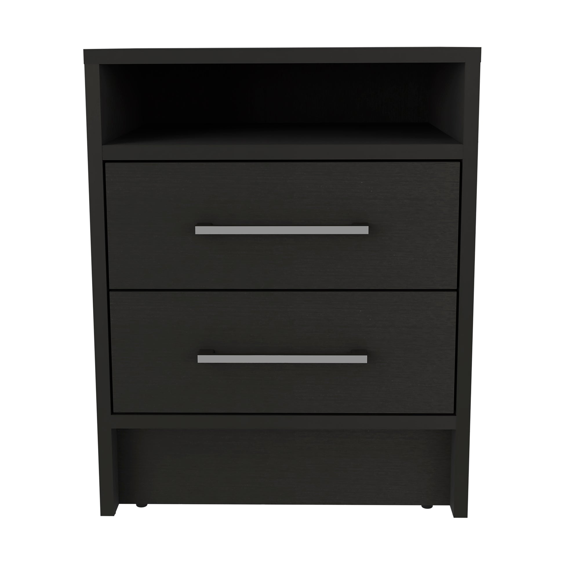 Sleek black nightstand with two drawers and brushed nickel handles