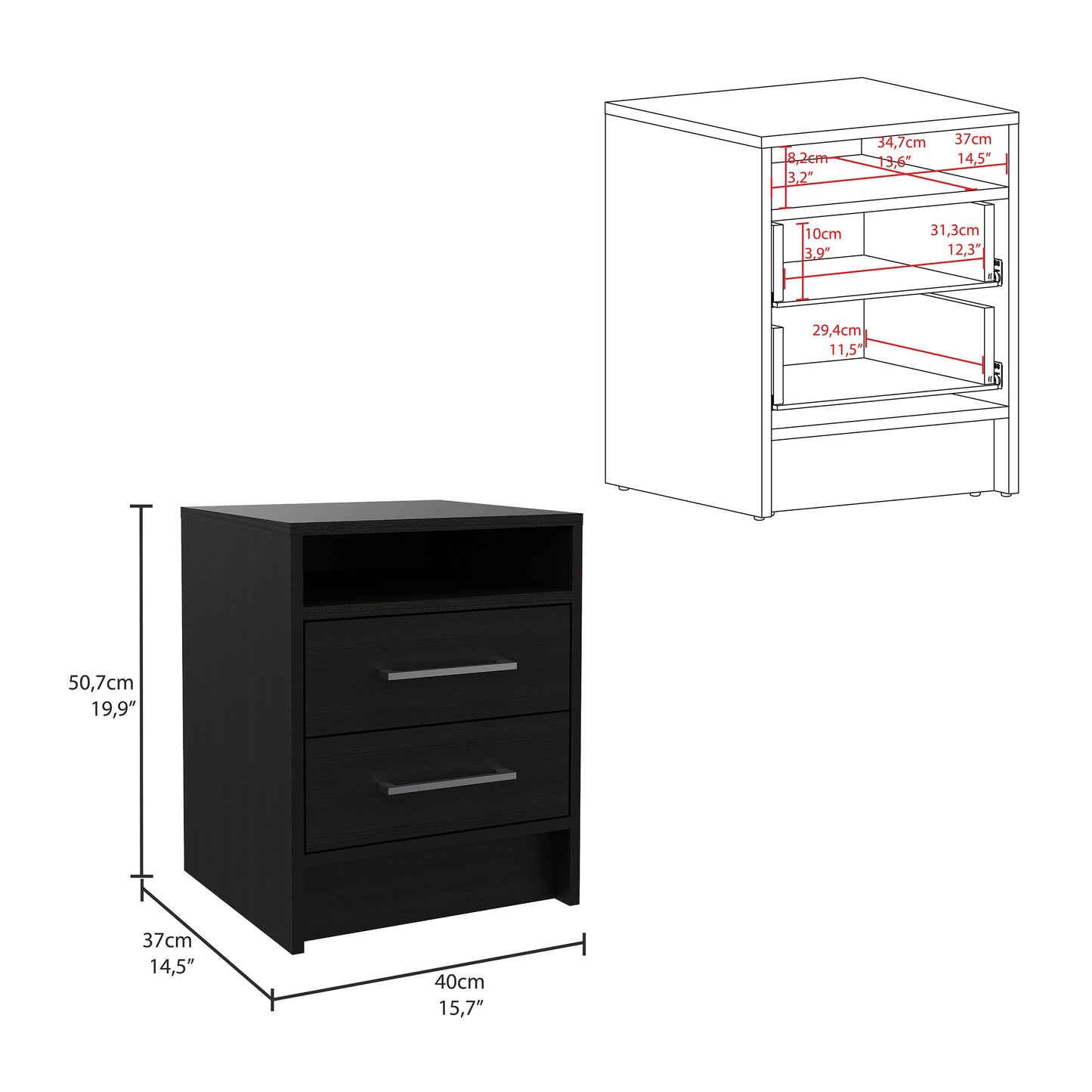 Black nightstand with two drawers and an open shelf displaying dimensions