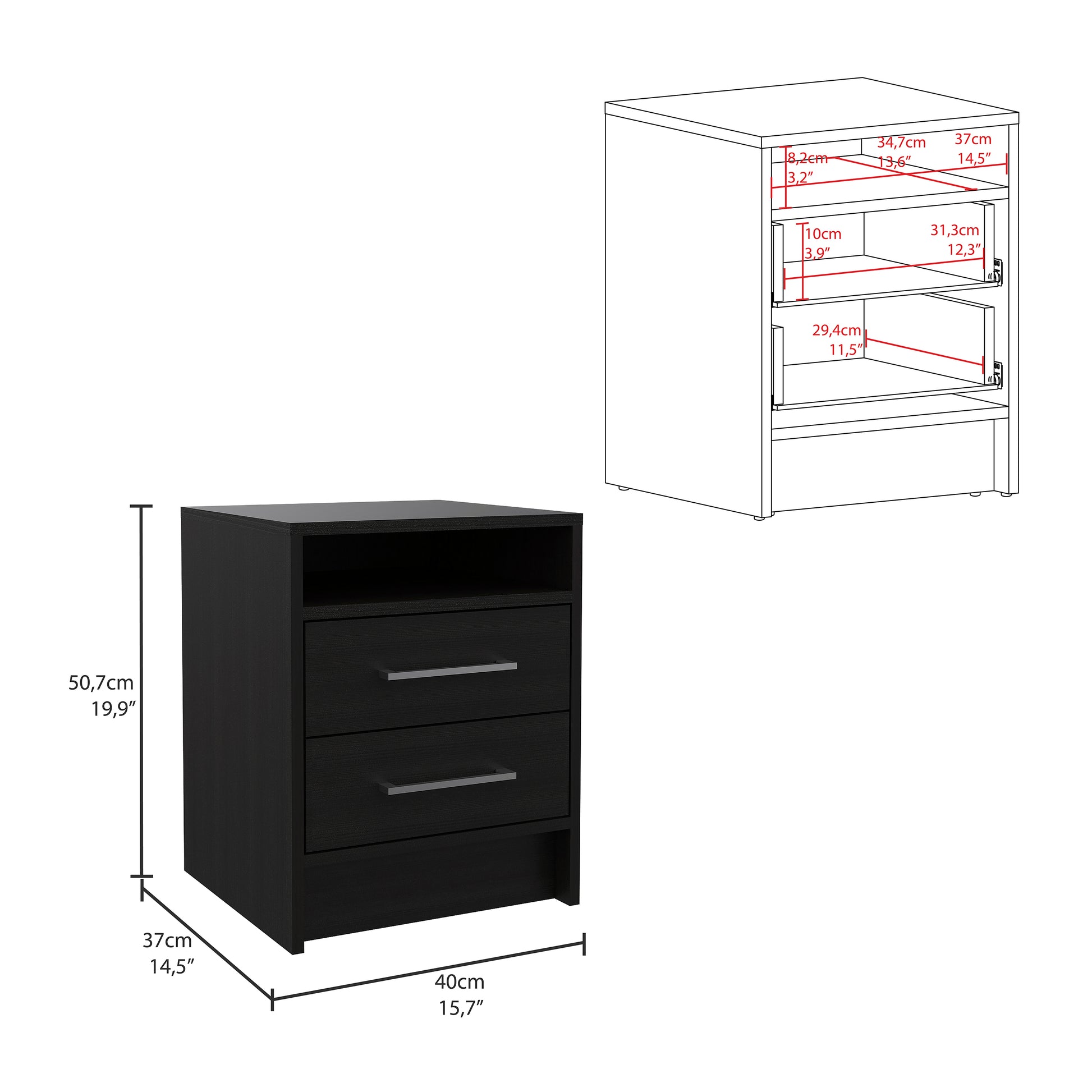 Black nightstand with two drawers and an open shelf displaying dimensions