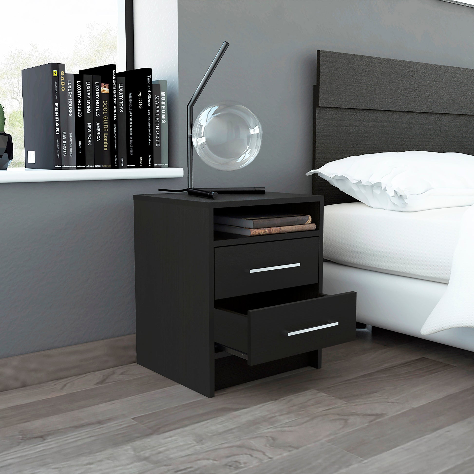 Sleek black nightstand with two drawers and an open shelf modern bedroom furniture
