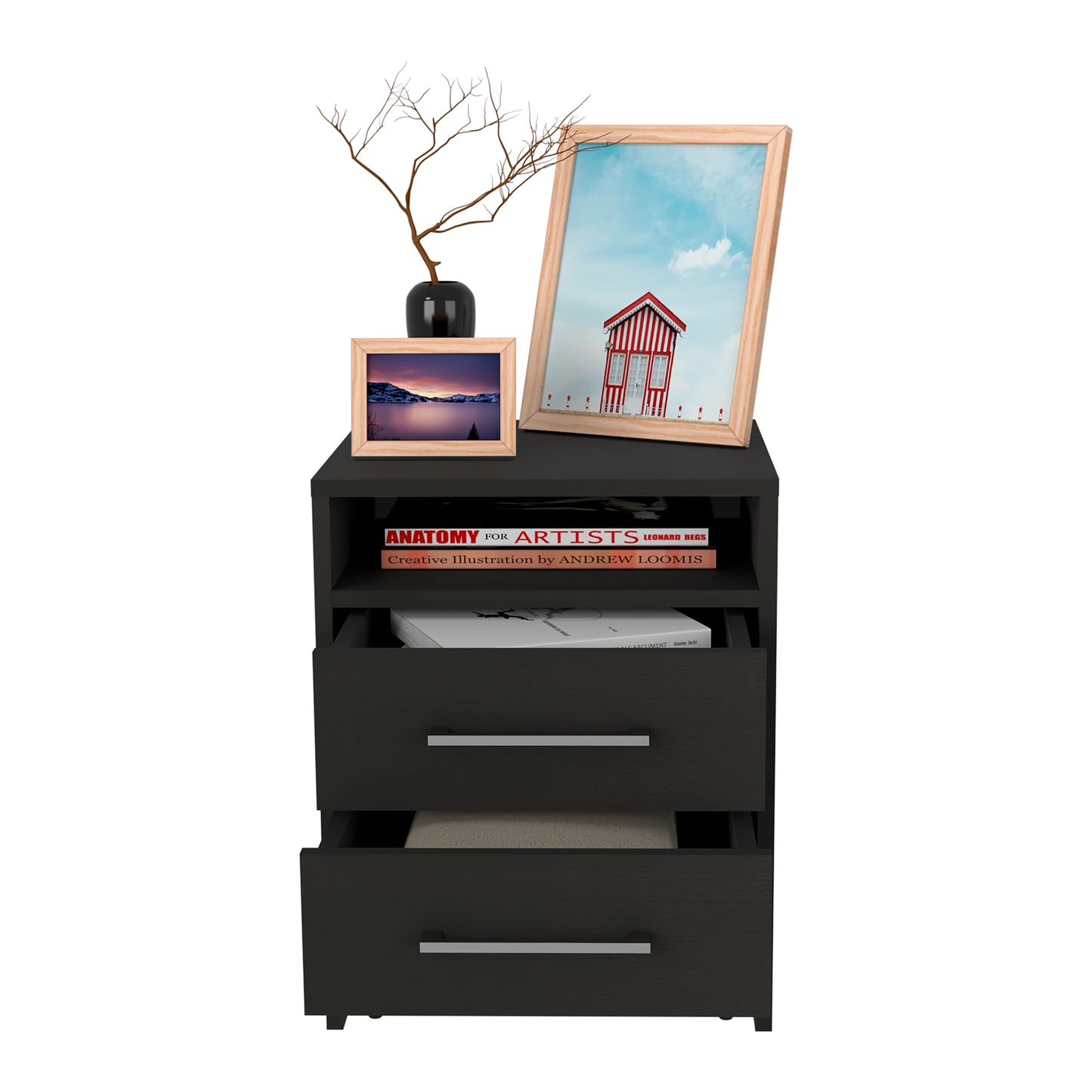 Modern black bedside table with three drawers and framed art pieces