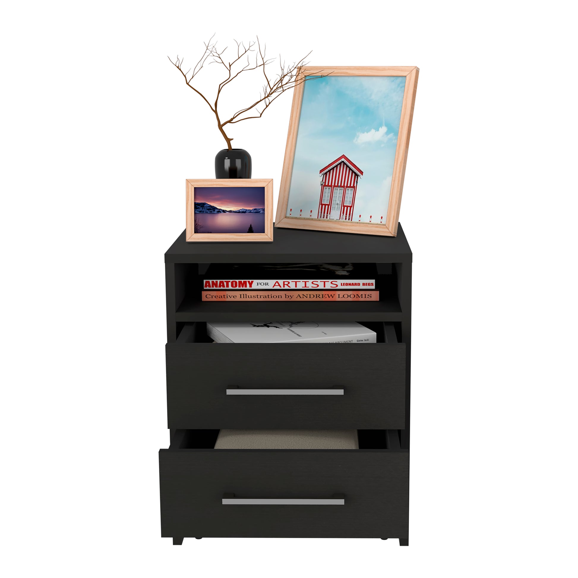Modern black bedside table with three drawers and framed art pieces
