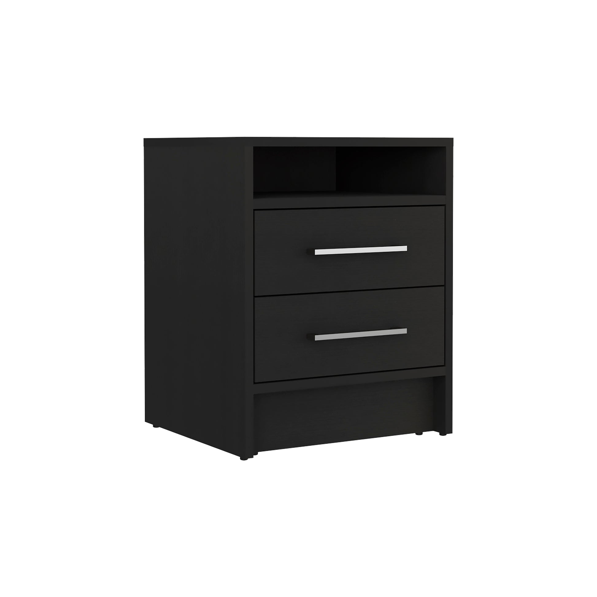 Modern black nightstand with two drawers and open shelf