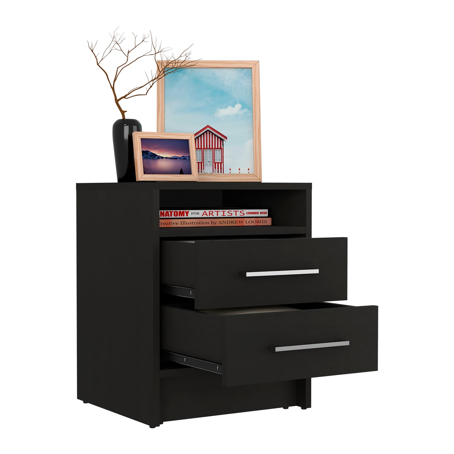 Black modern nightstand with two drawers and open shelf featuring chrome handles
