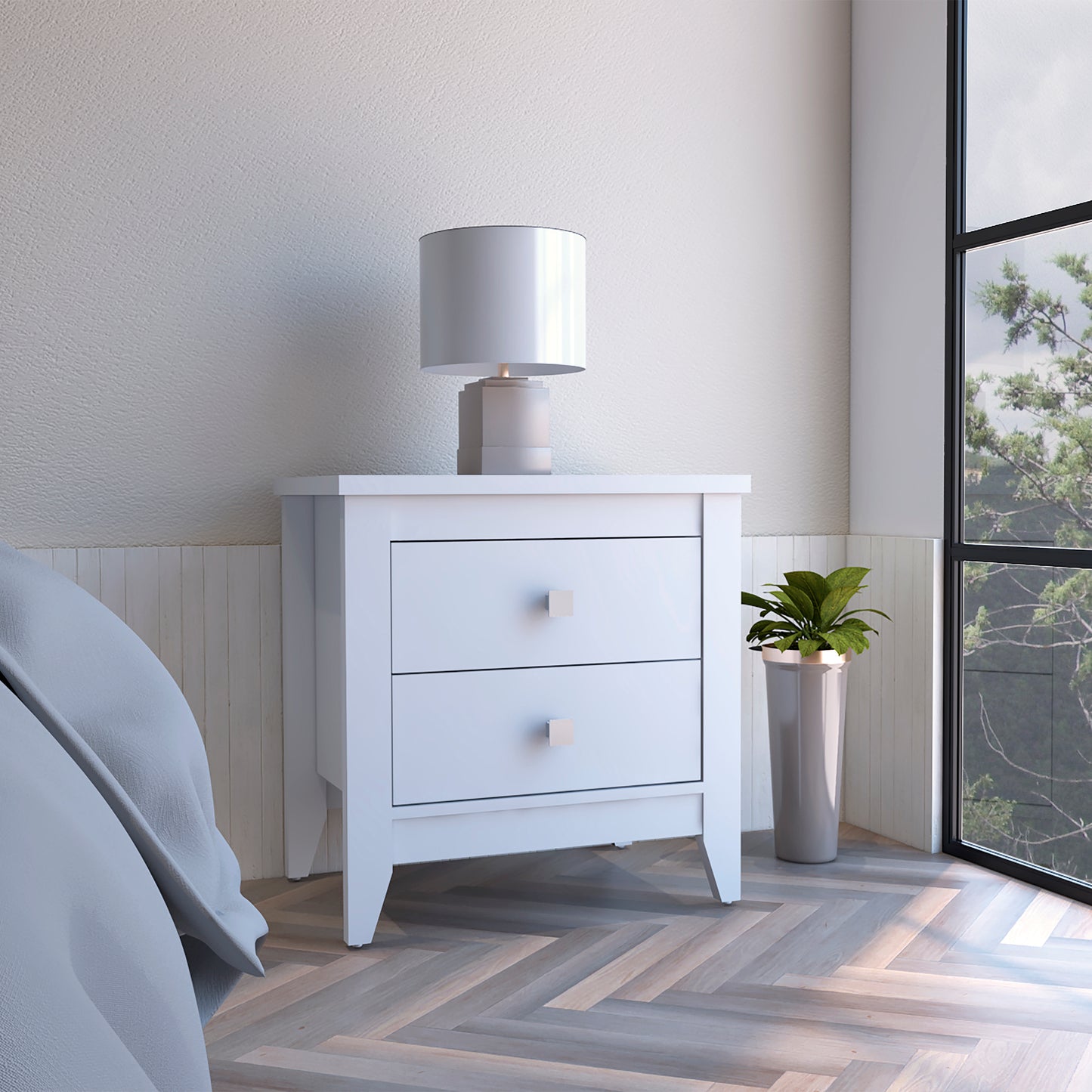 White twodrawer nightstand with silver square pulls featuring a modern minimalist design