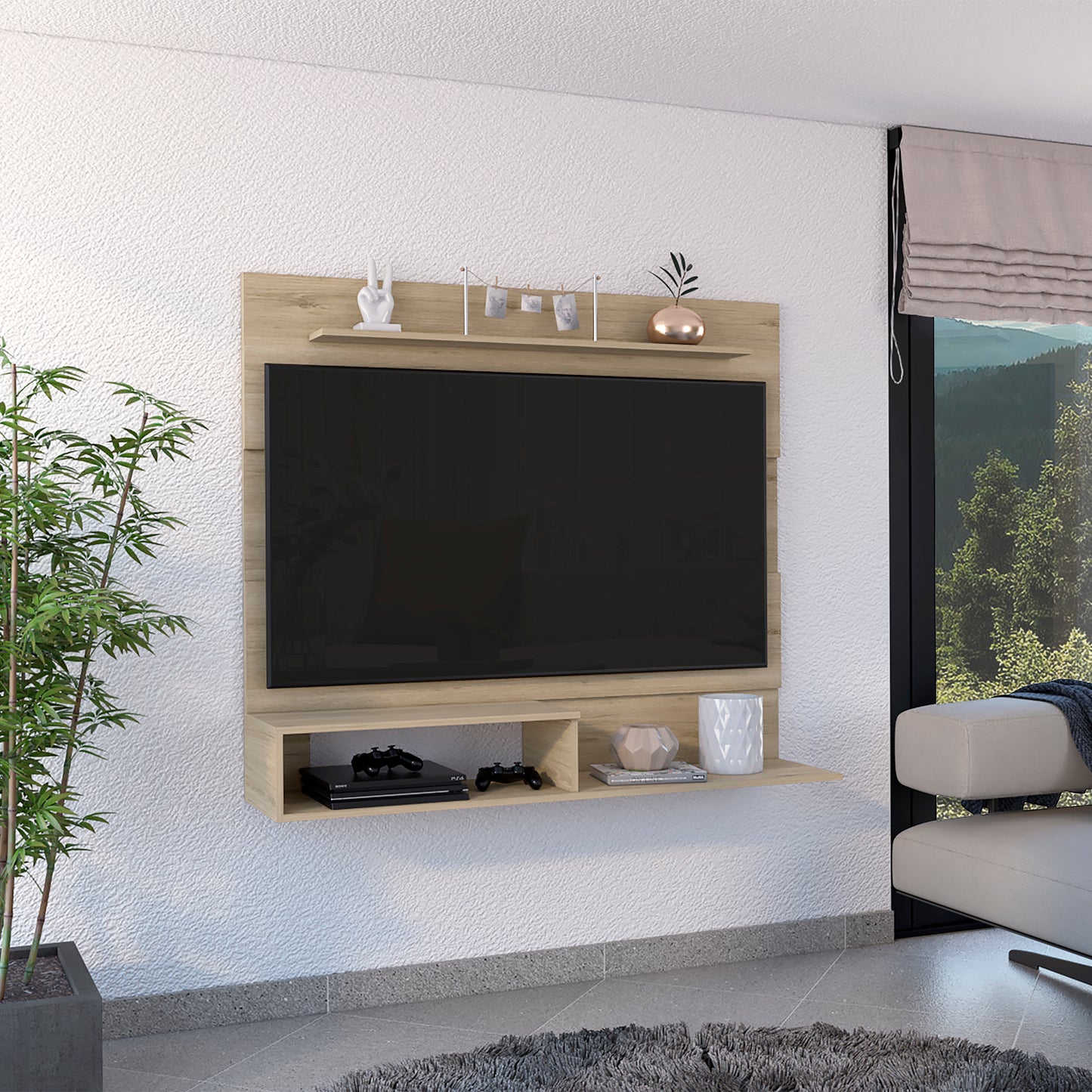 Light oak modern tv stand with mounted display and storage shelves