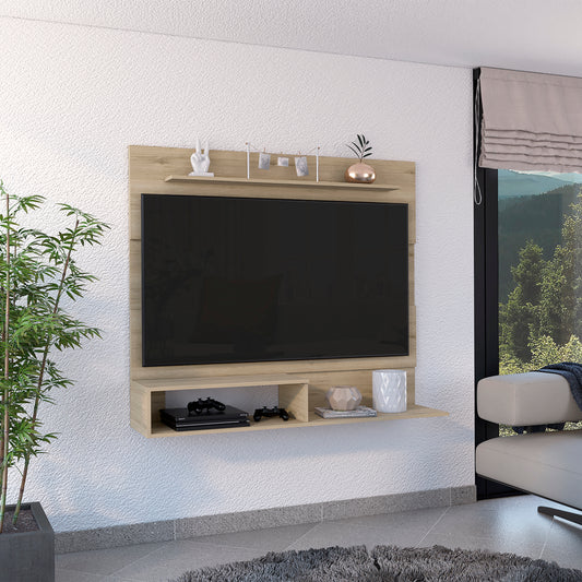 Light oak modern tv stand with mounted display and storage shelves