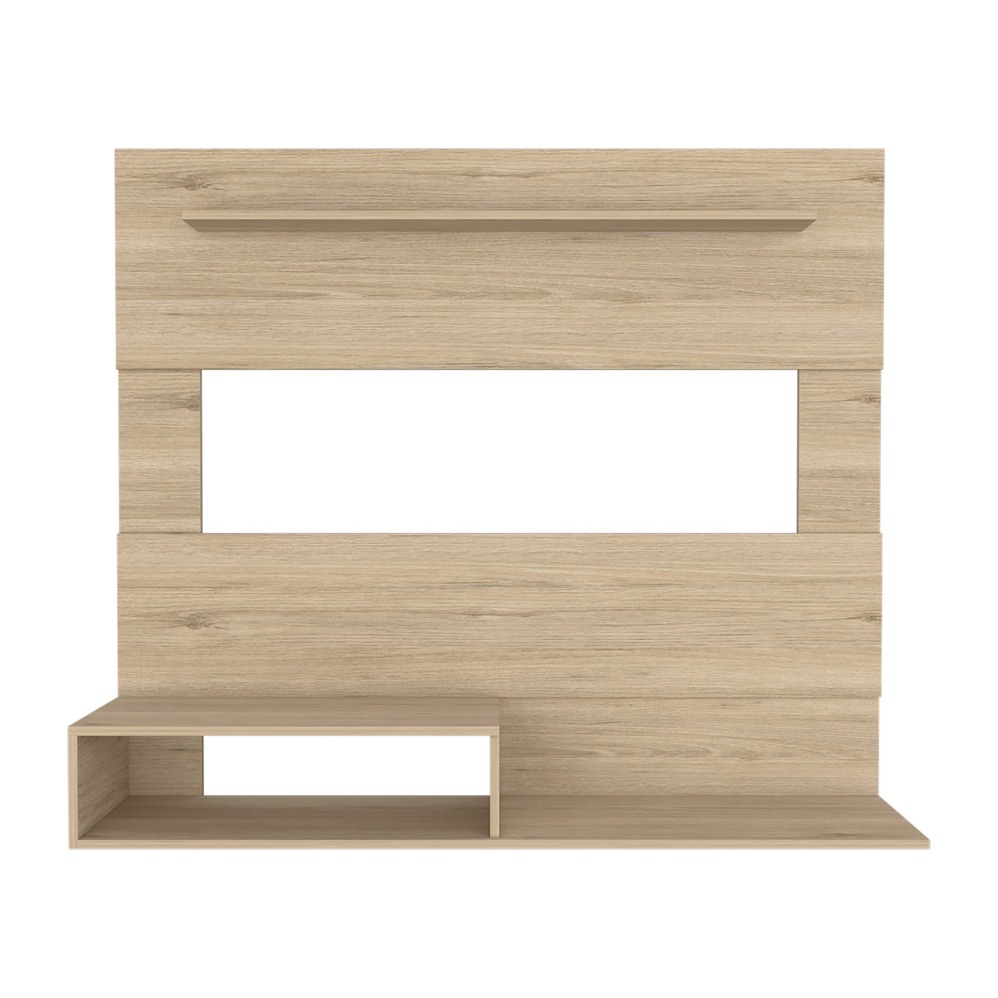 Modern light oak wood entertainment center with open shelving and a central display niche
