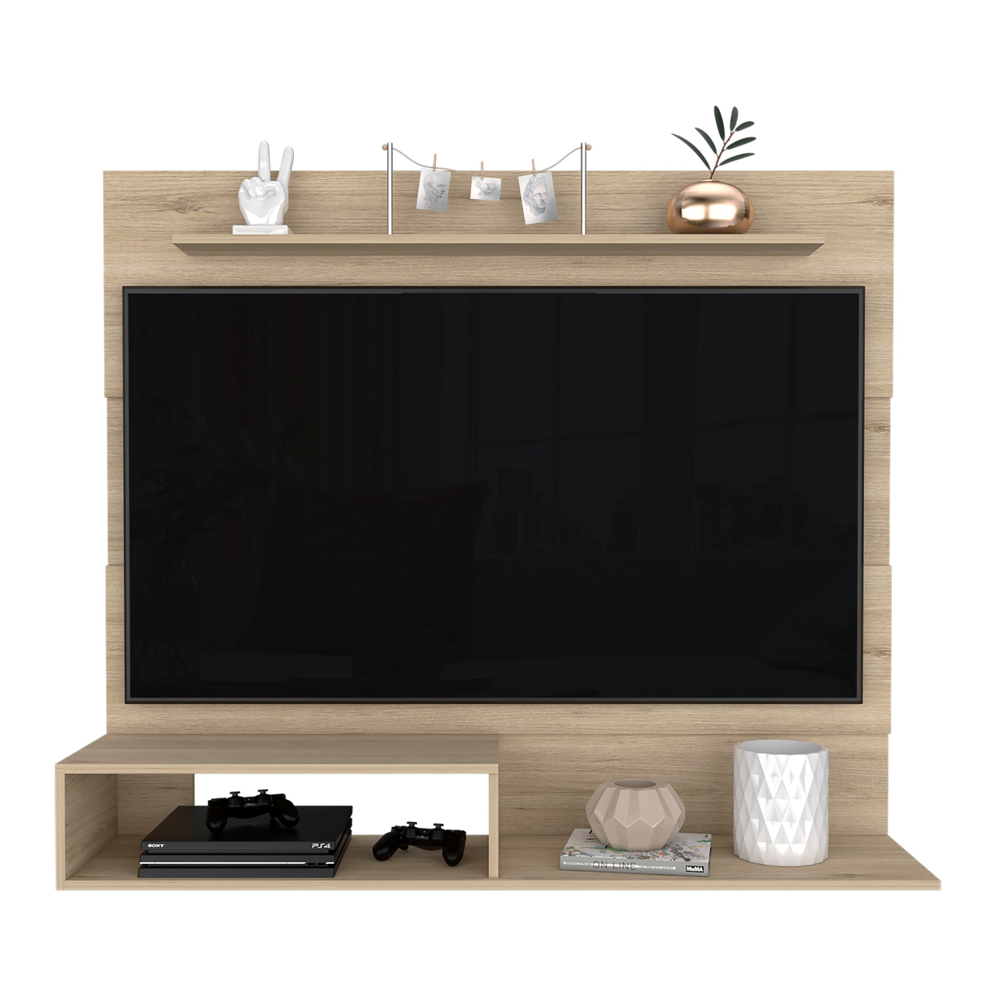 Modern light oak entertainment center with integrated shelf and storage for consoles
