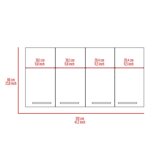 Line drawing of a white modular cabinet cm width cm height with four equal doors