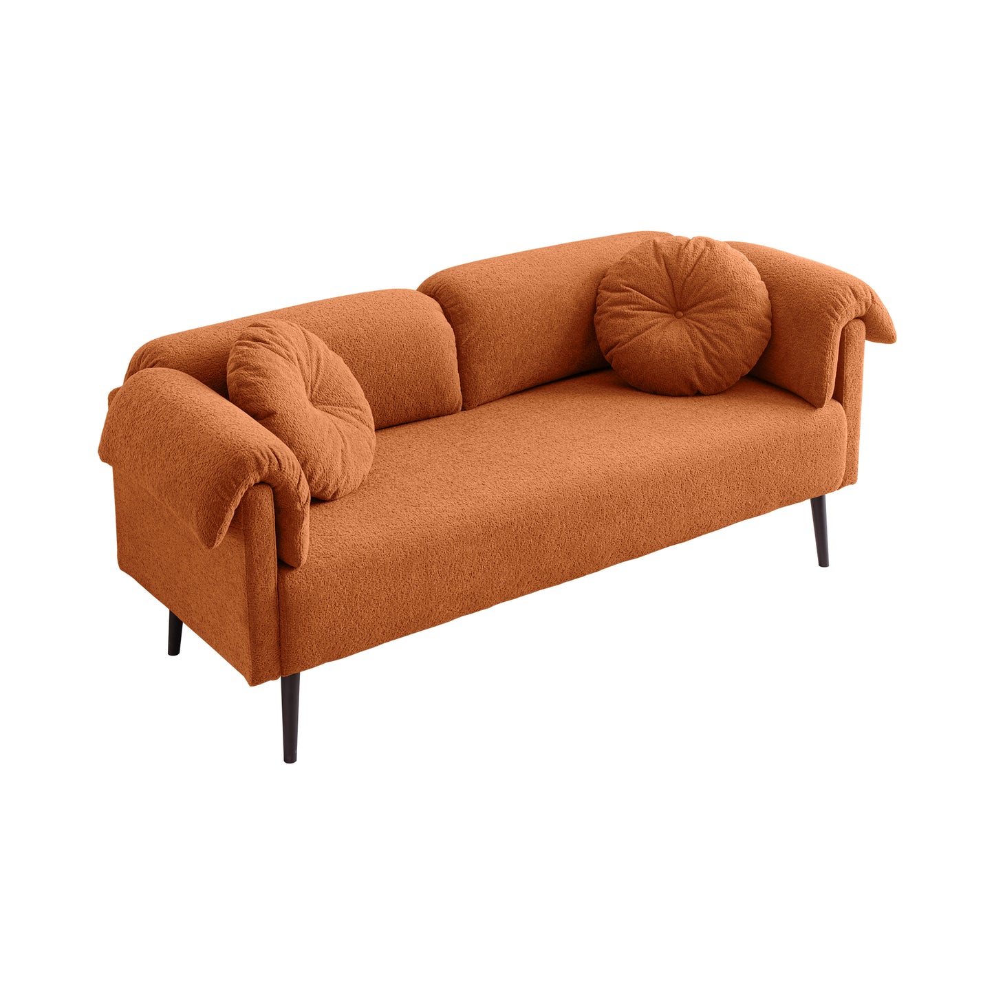 Terracotta boucle fabric sofa with rounded arms and two circular cushions modern style