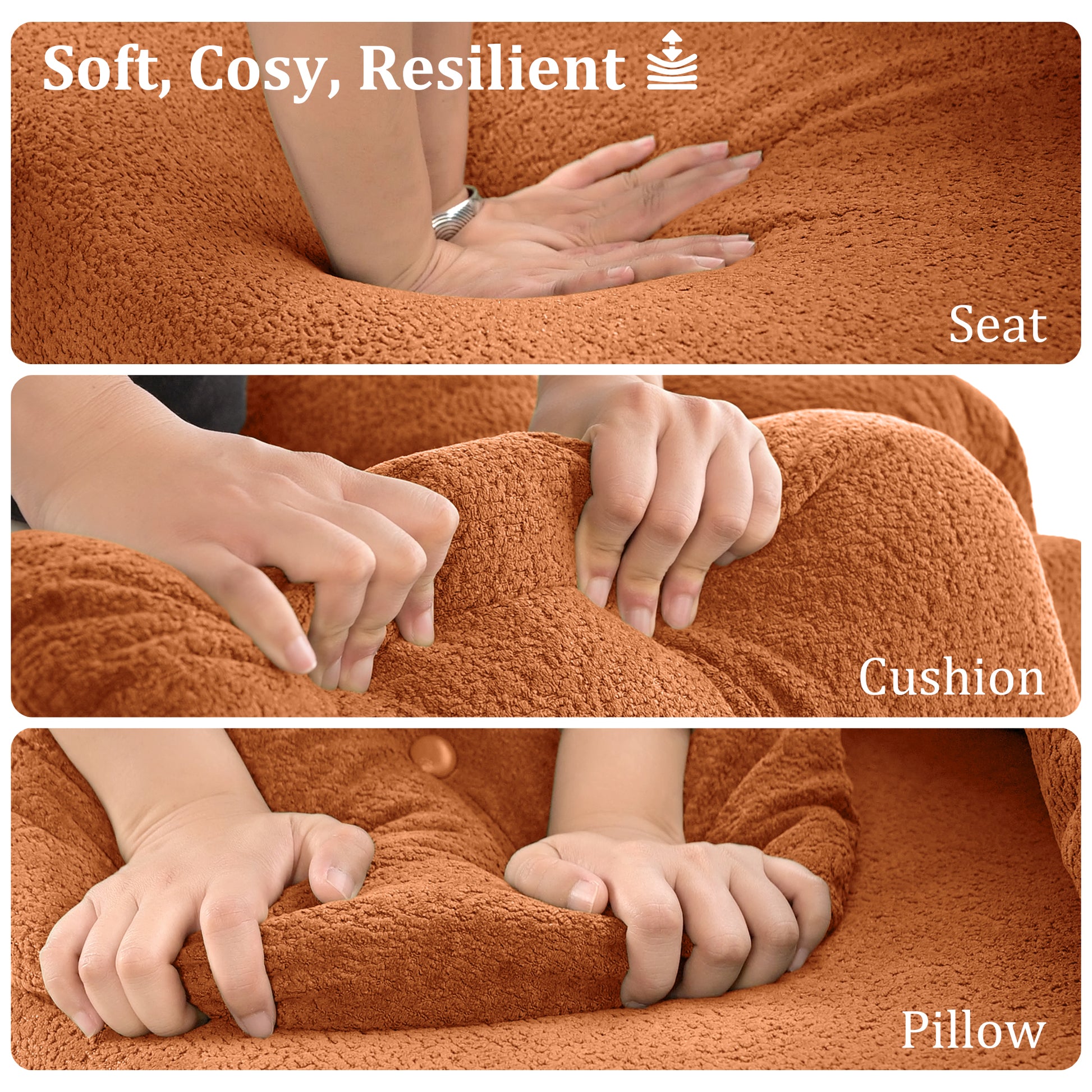 Closeup of soft burnt orange teddy fabric being pressed highlighting its resilient seat