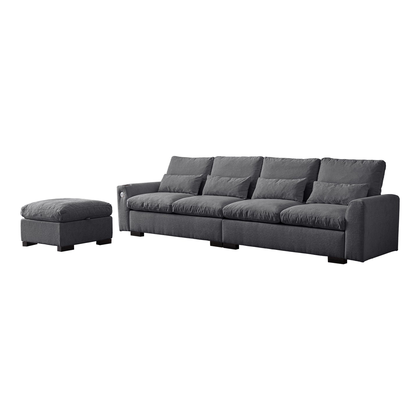 Deep charcoal grey upholstered modular sofa with plush cushions and matching ottoman