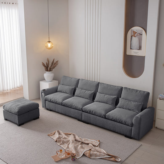 Spacious grey fabric sectional sofa with matching ottoman for modern living rooms