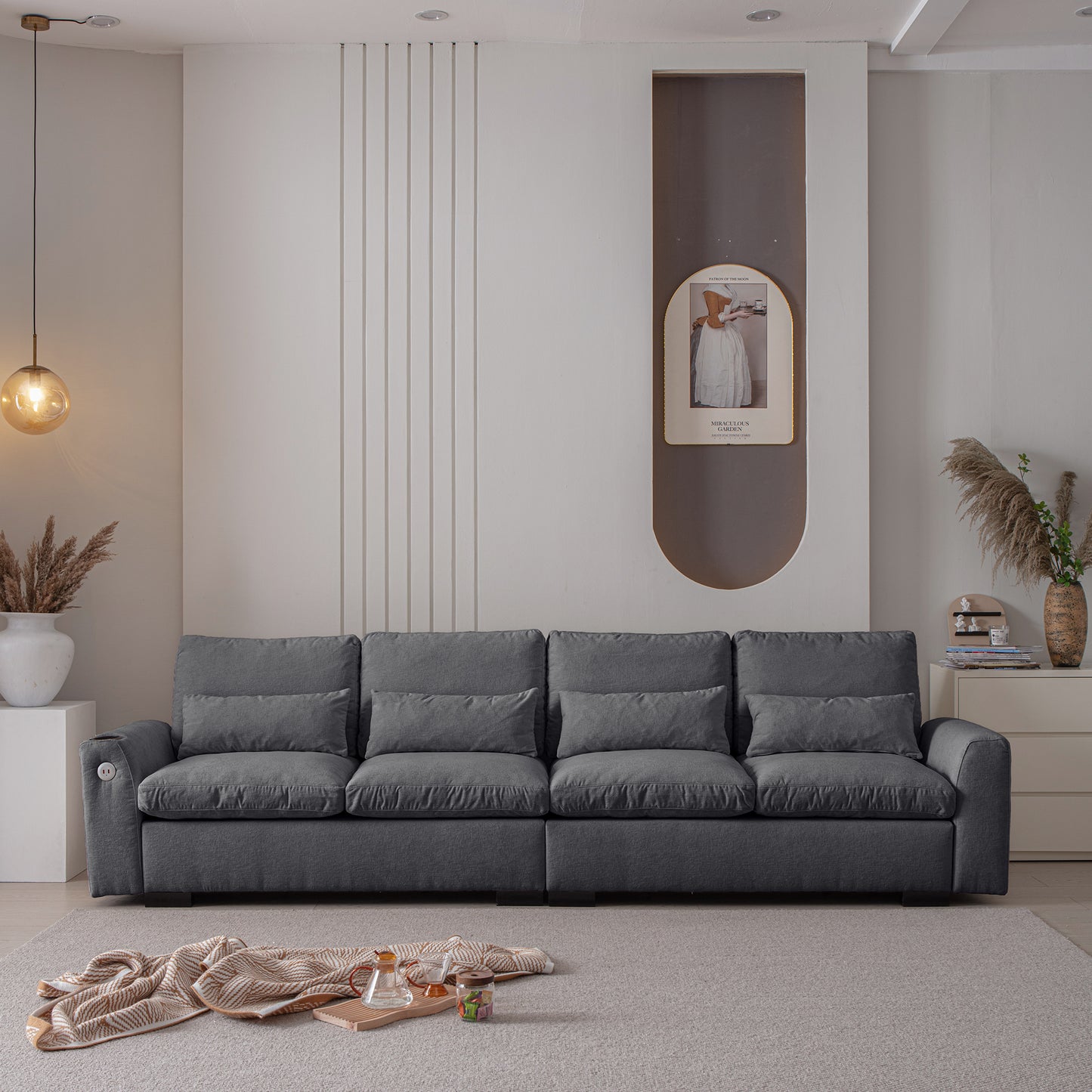 Deep grey sectional sofa with plush cushions and modern design elements for living room comfort
