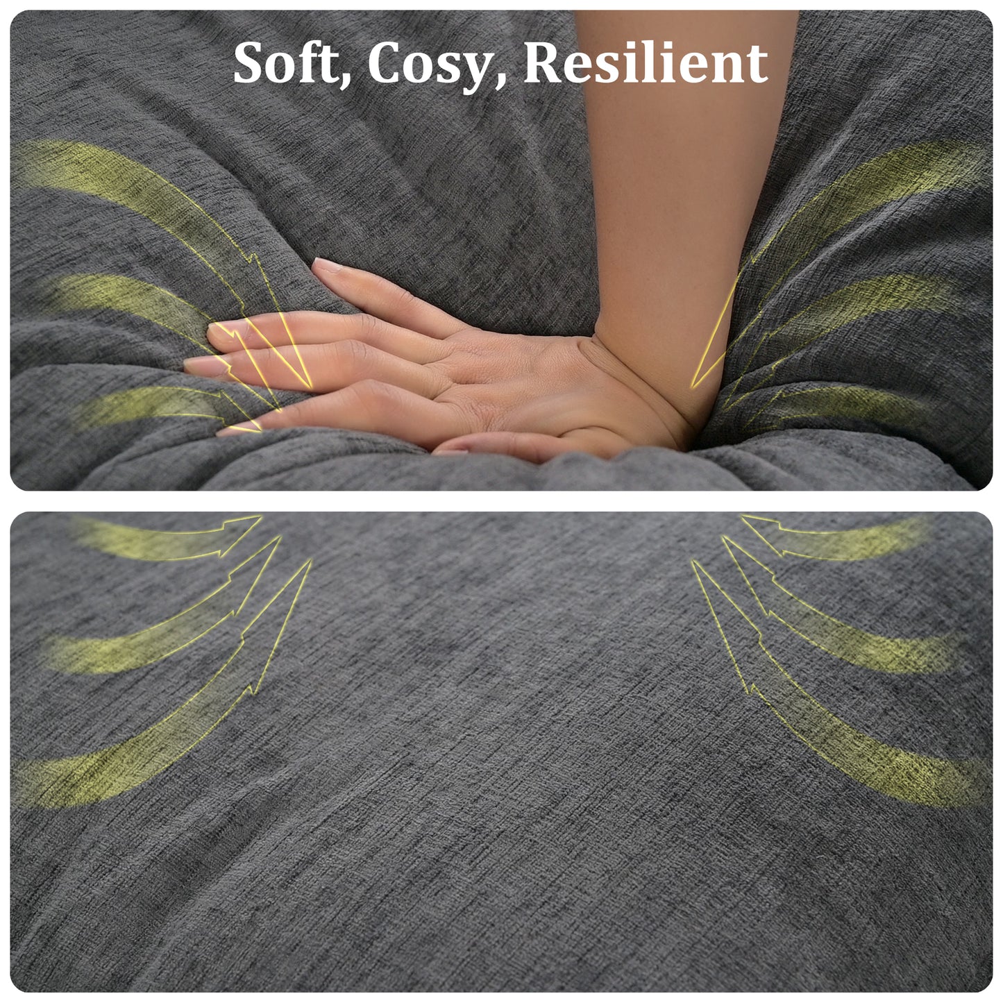 Closeup of a hand pressing into a plush grey fabric cushion demonstrating its softness and resilience