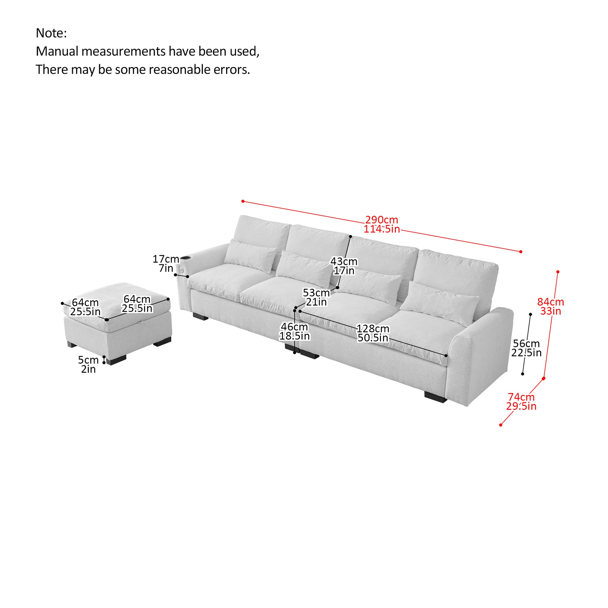 Light grey fabric sectional sofa with plush cushions and matching ottoman cm length