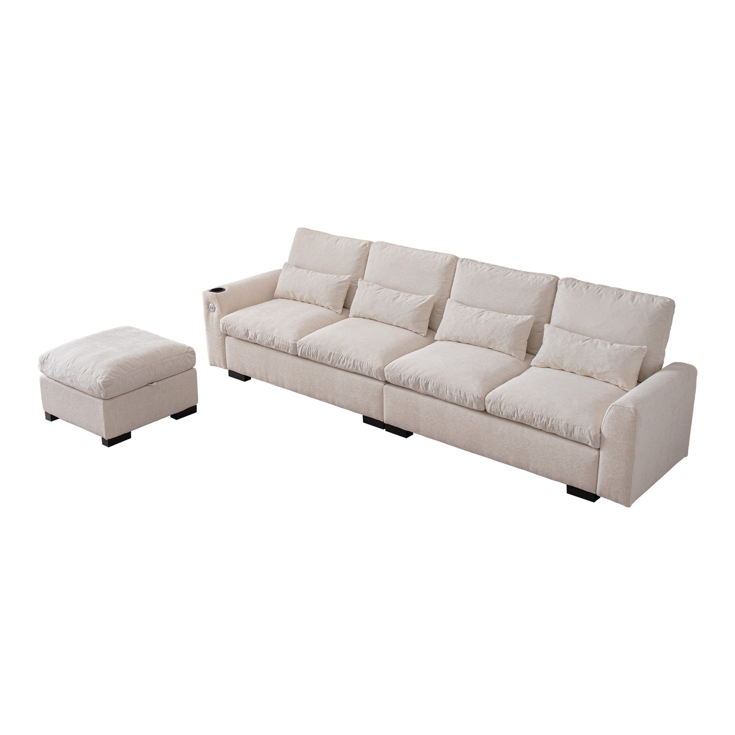 Comfortable fourseater linen sofa in cream with plush cushions and a matching ottoman for living room relaxation