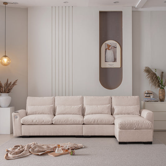 Cream linen sectional sofa with storage ottoman and builtin USB charging ports