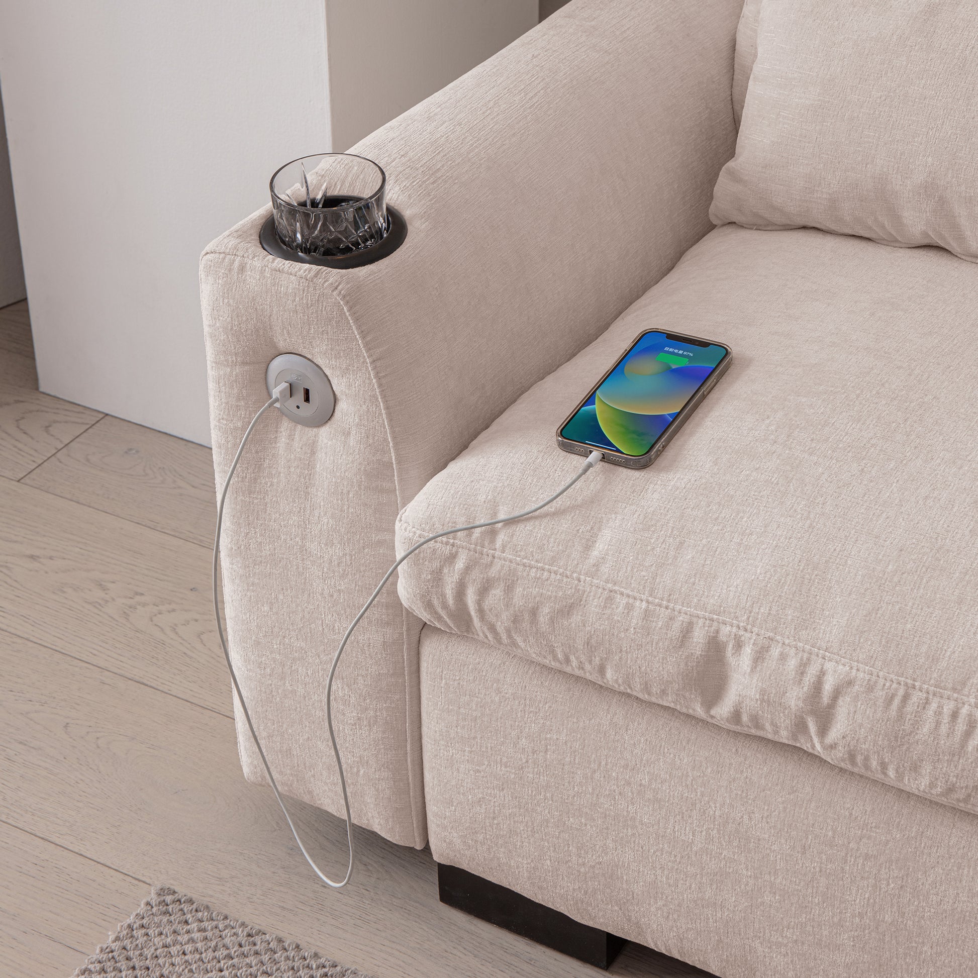 Beige sectional sofa with builtin USB charger and cup holder for convenient relaxation