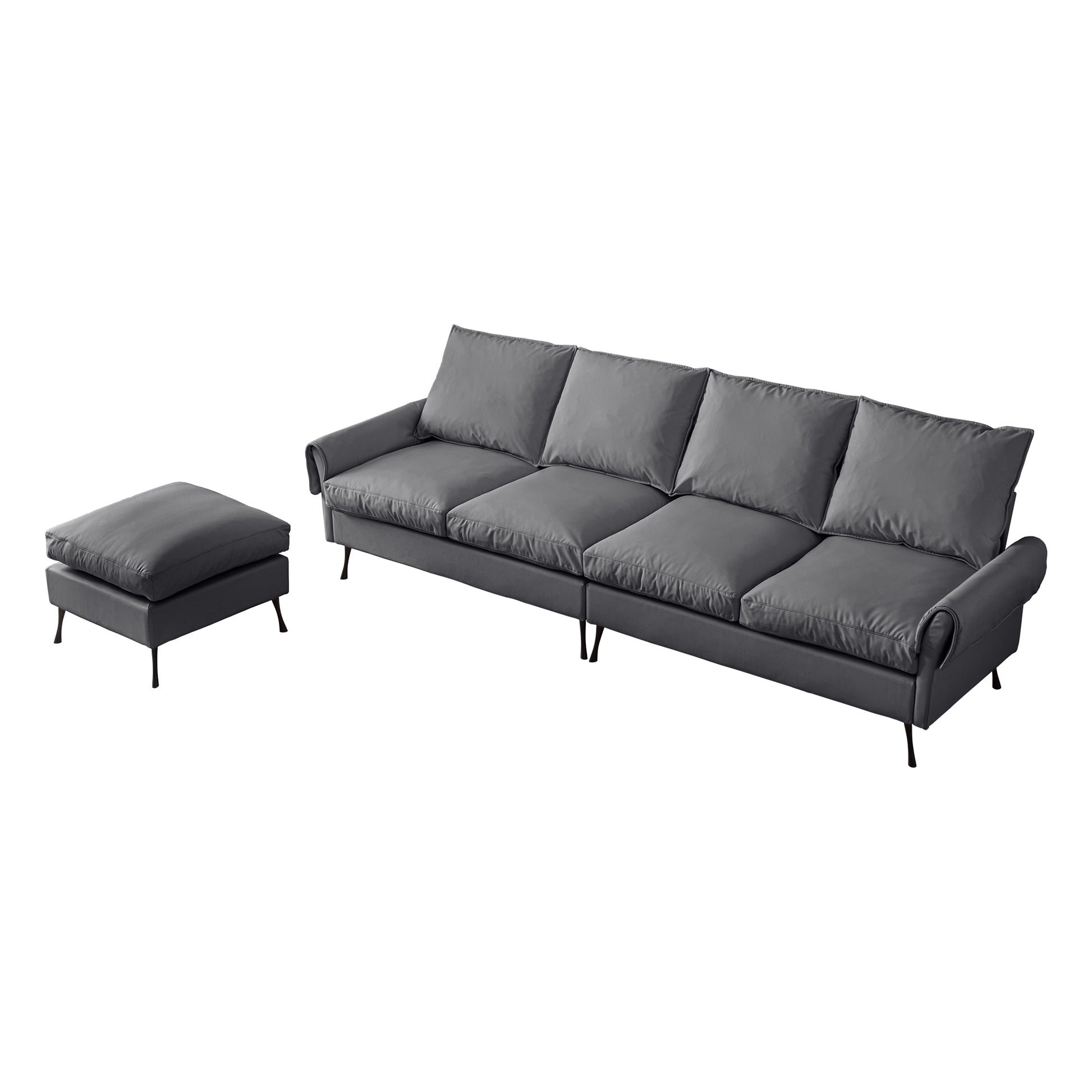Modern grey velvet sectional sofa with matching ottoman perfect for a spacious living room