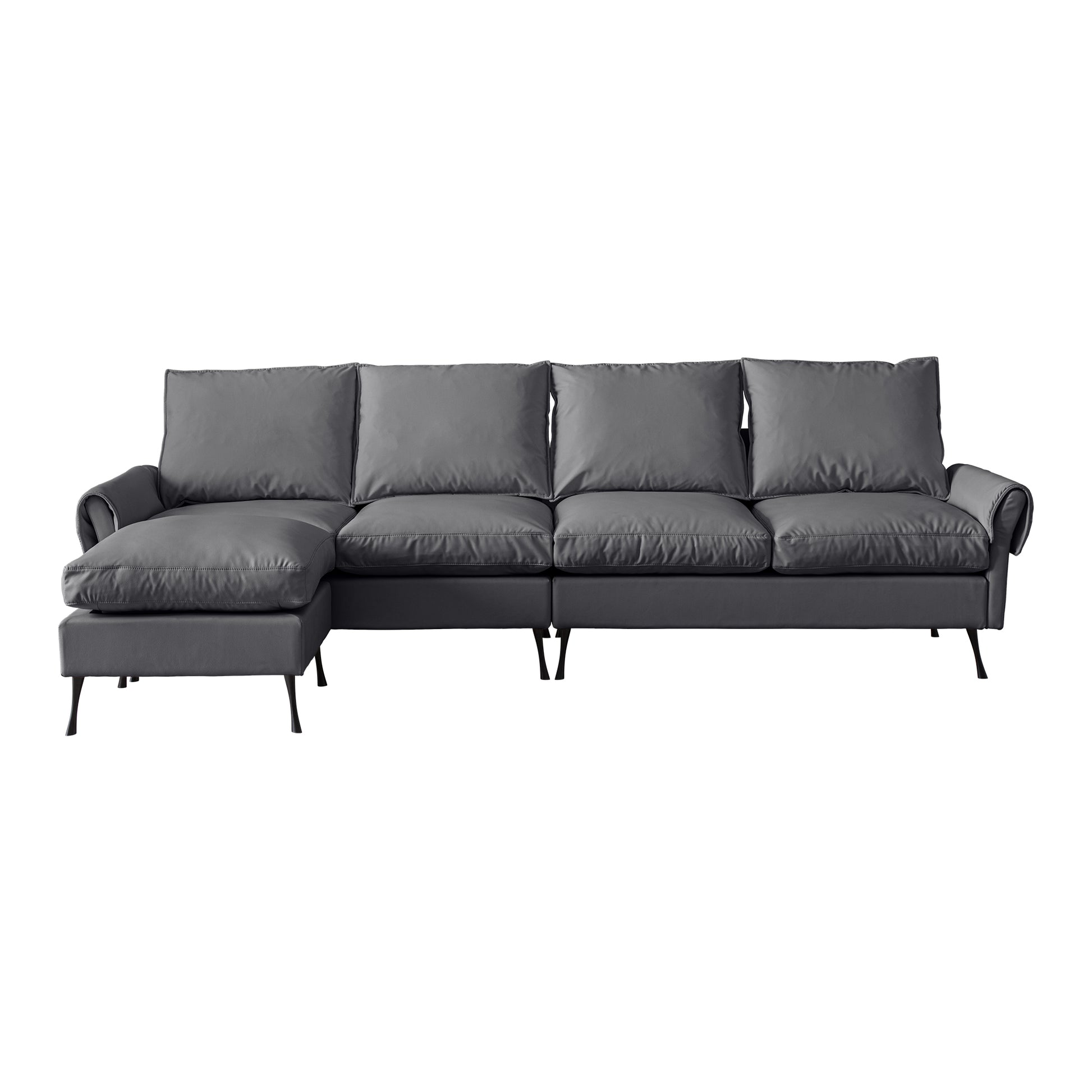 Dark grey leather sectional sofa with chaise and four plush cushions