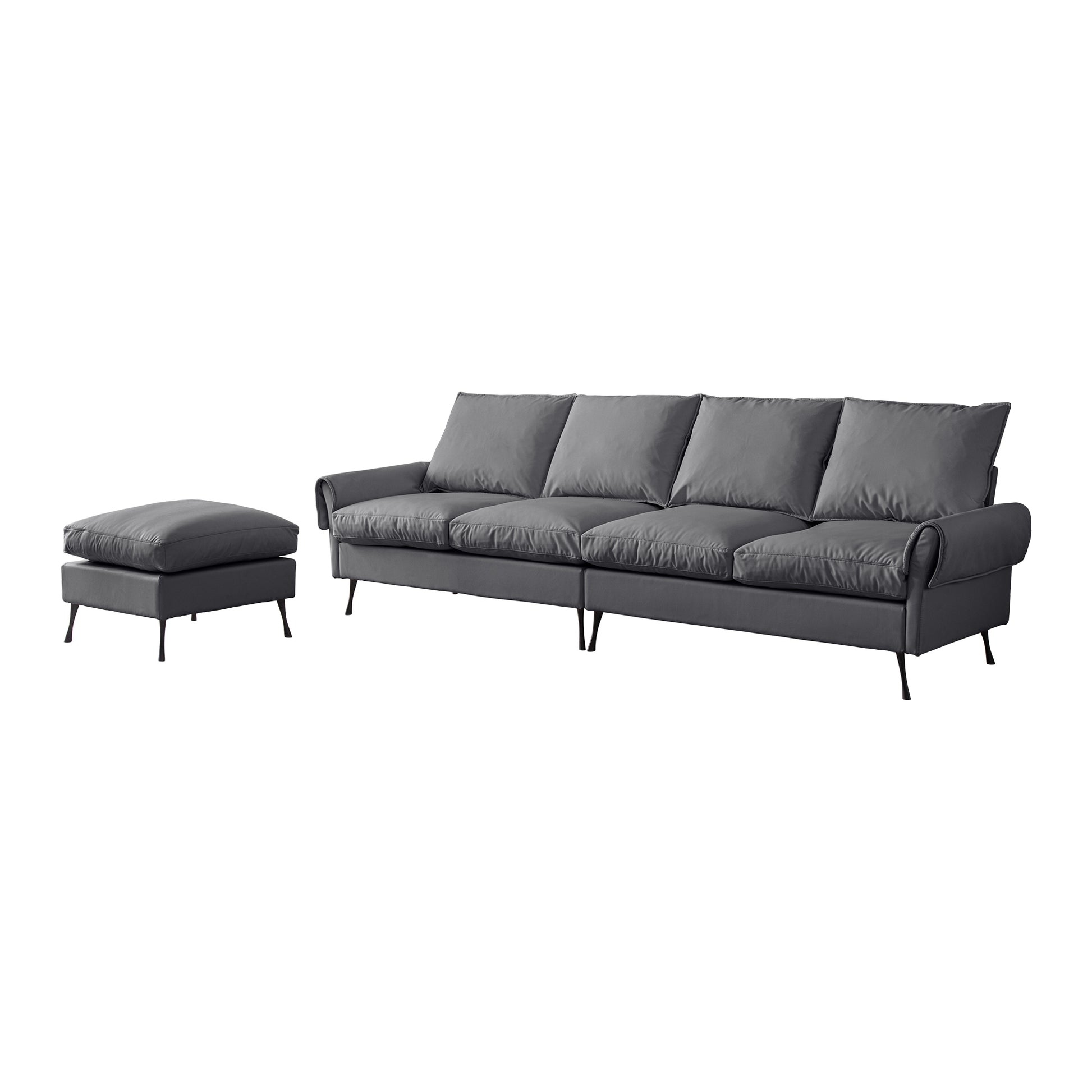 Gray fabric sectional sofa with plush cushions and matching ottoman on black legs