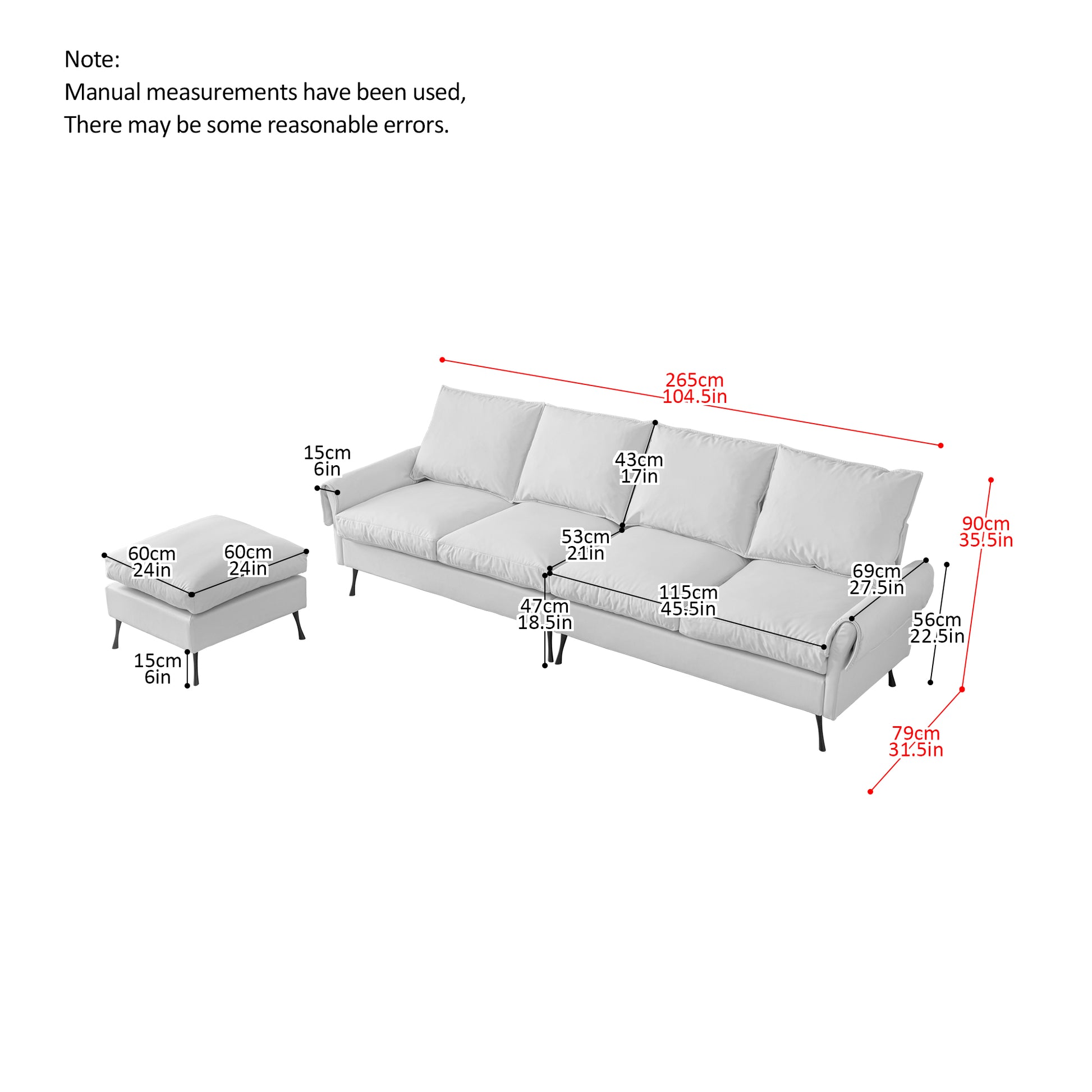 White threeseater sofa with dimensions cm L x cm H x cm D