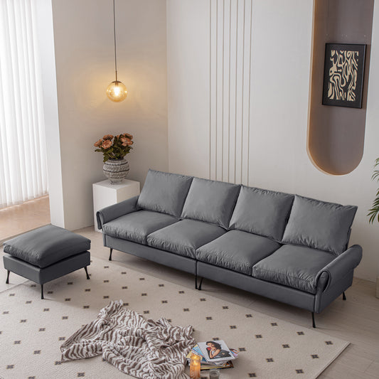 Fourseater charcoal grey sofa with plush cushions and sleek black legs