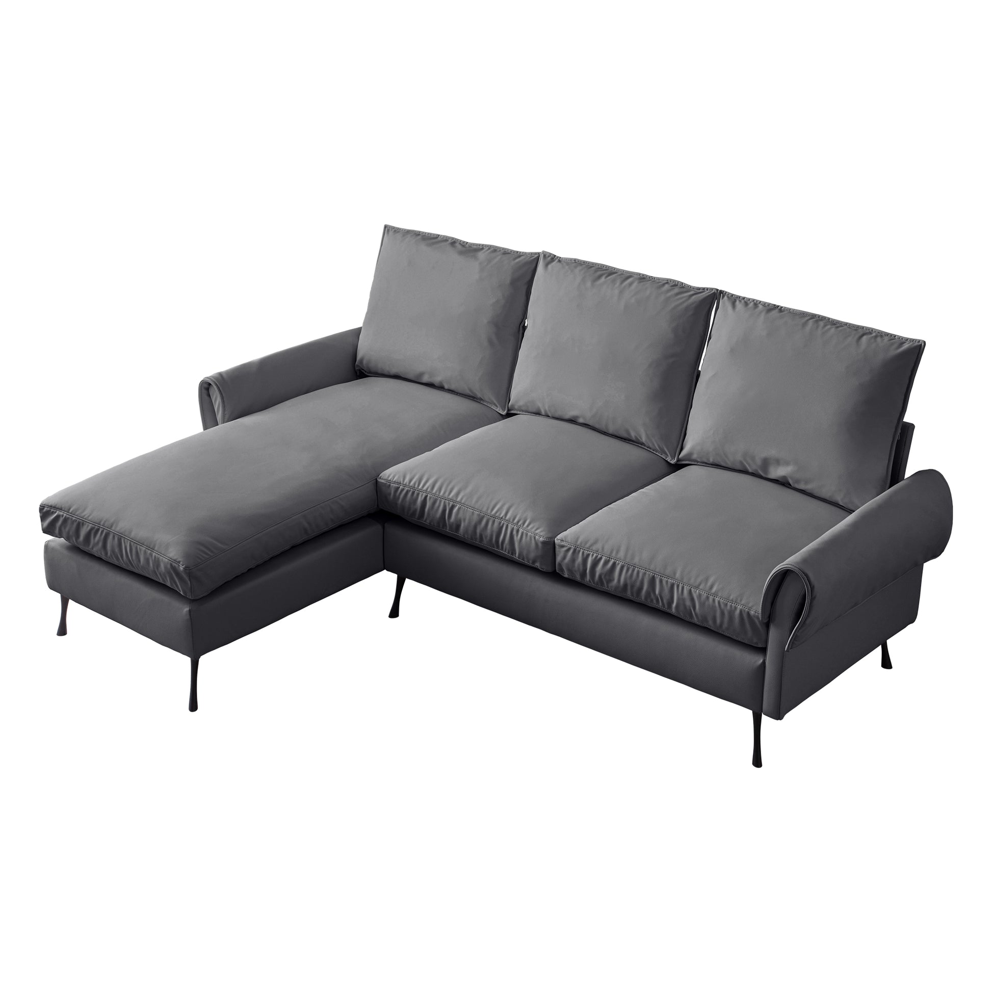 Contemporary grey sectional sofa with plush cushions and a chaise lounge