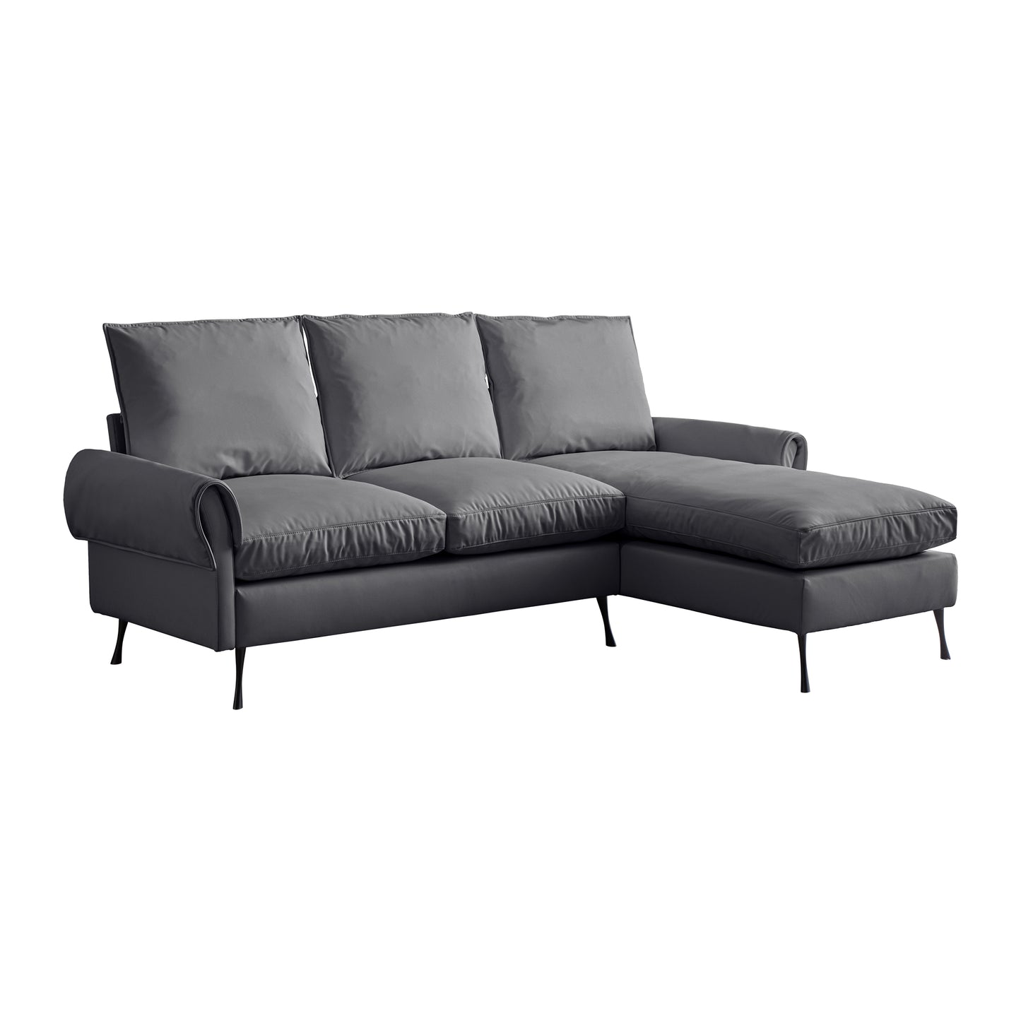 Modern grey sectional sofa with plush cushions and dark tapered legs