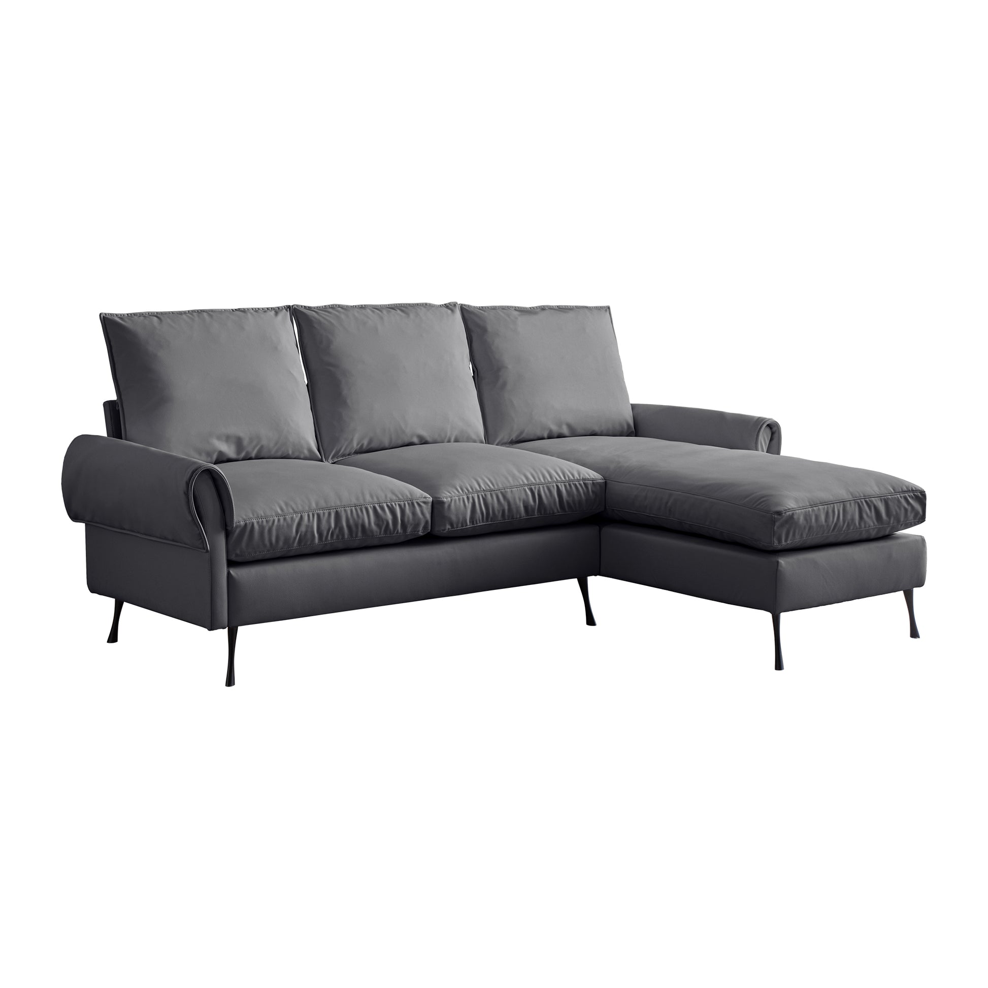 Modern grey sectional sofa with plush cushions and dark tapered legs