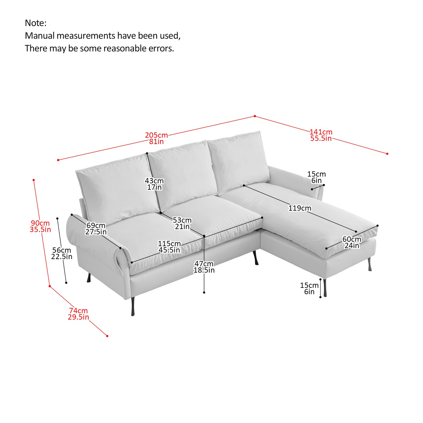 White fabric sectional sofa with chaise displaying dimensions for seating and armrest