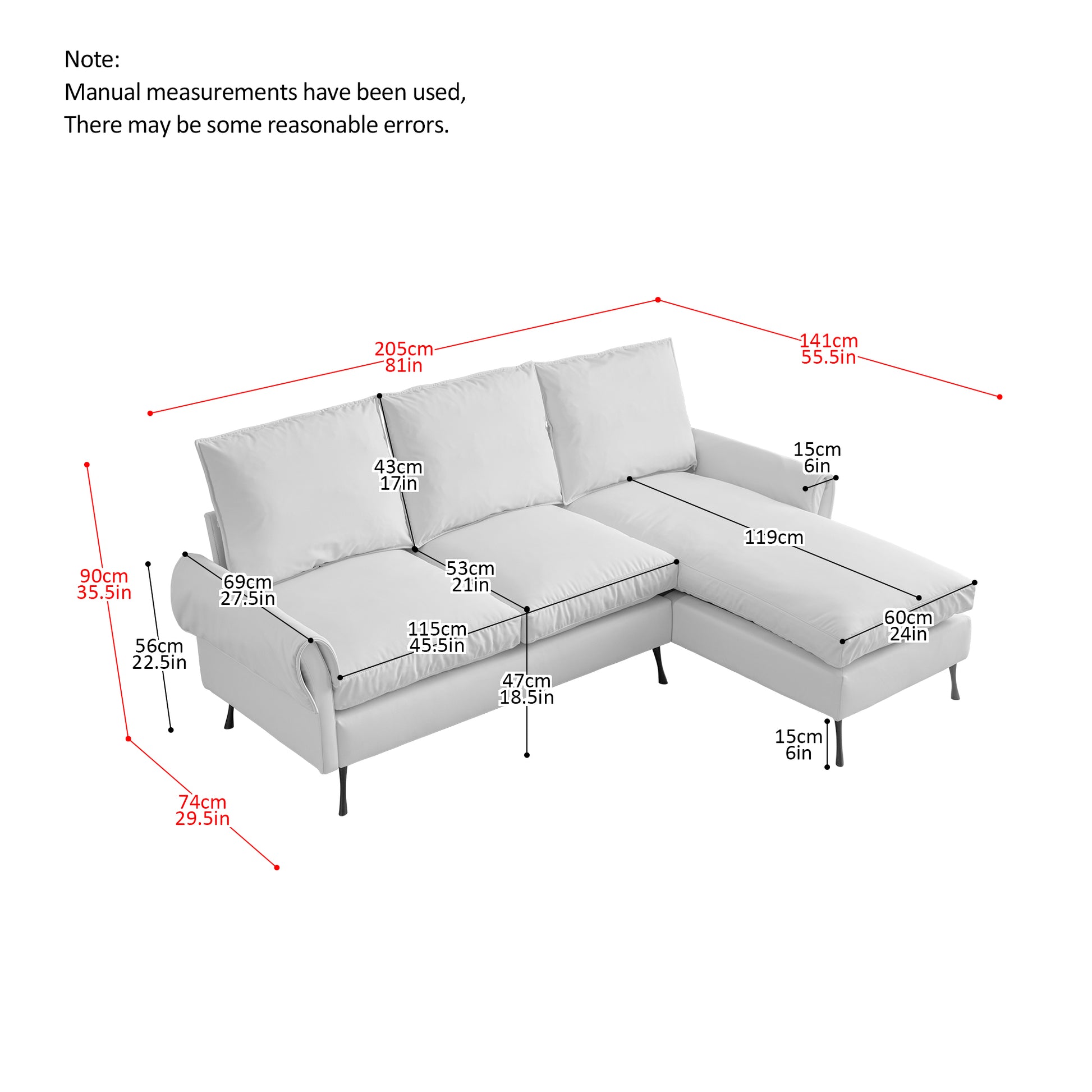 White fabric sectional sofa with chaise displaying dimensions for seating and armrest