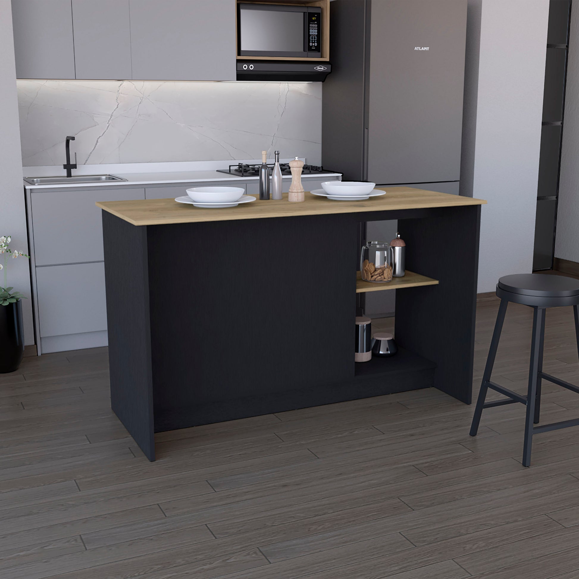 Dark gray kitchen island with oak wood countertop and open shelving
