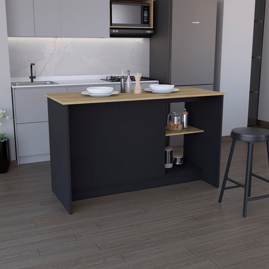 Dark gray kitchen island with oak wood countertop and open shelving