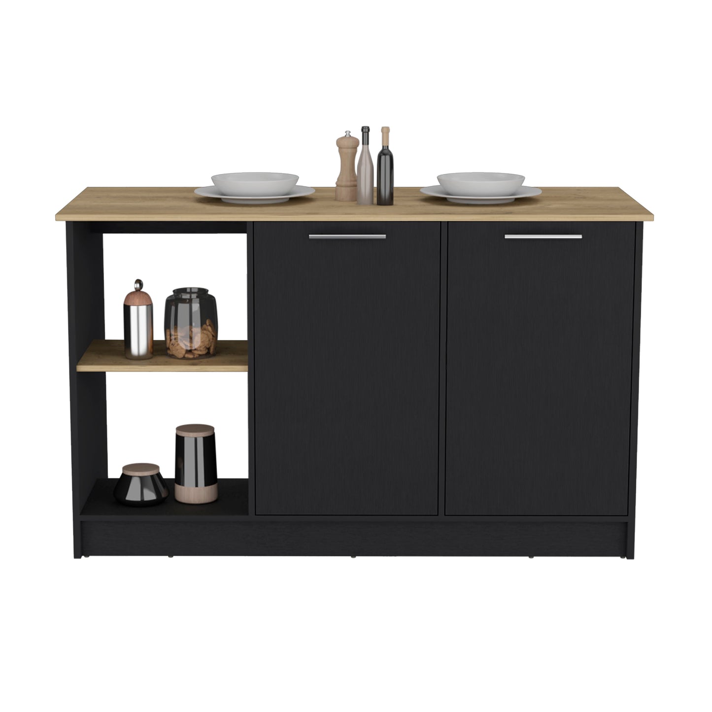 Black kitchen island cabinet with a light oak countertop and open shelving