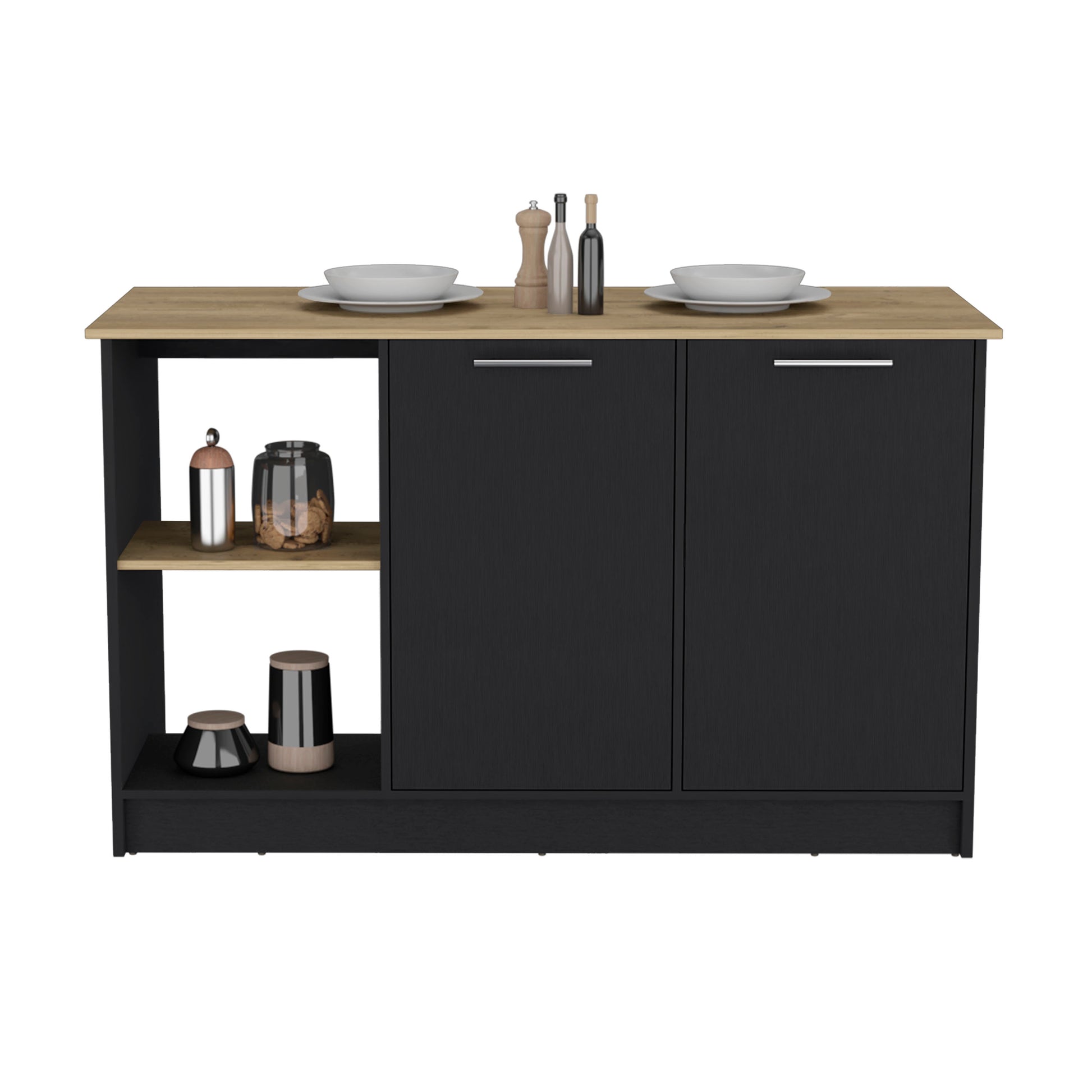 Black kitchen island cabinet with a light oak countertop and open shelving