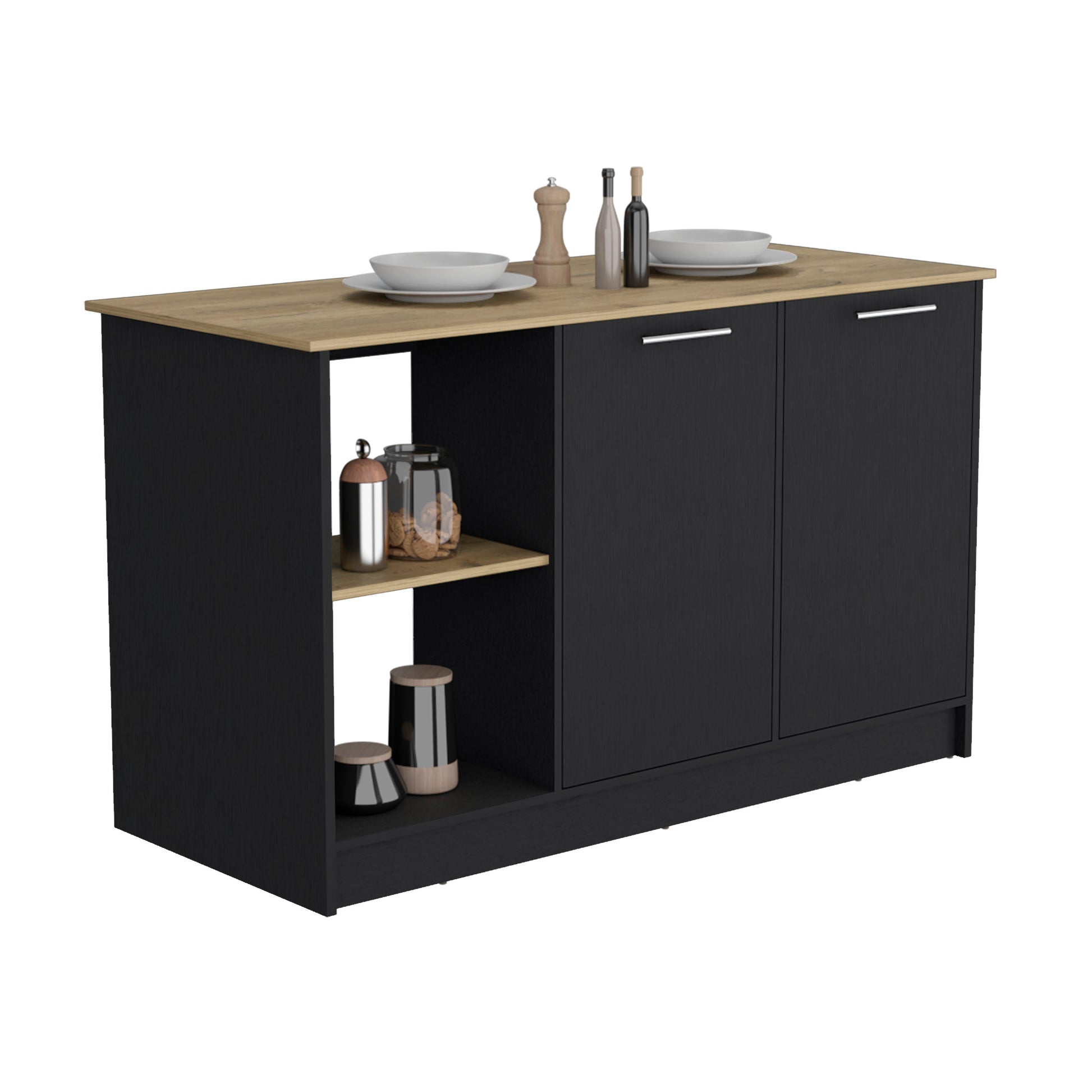 Black kitchen island with oak top